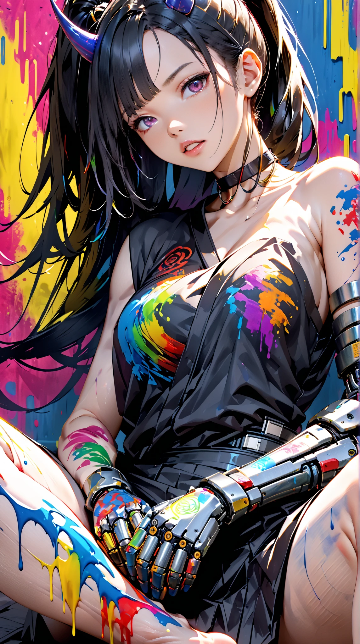 one girl, solo, abs, slender body, (upper body, bust:1.2), black eyes, black hair, red clothes, bare shoulders, masterpiece, highly detailed, look at viewer, shiny blured orange background, gradient sprayed background, front view, gradient red purple background, blured background, glowing edges of image, (paint splashes:1.5), (abstract, psychodelic:1.5), (deep cleavage:1.3), (torn clothes, transparent clothes:1.3), denim shorts, torn T-shirt, transgressive art, octane render , saturated colors, pastel colors