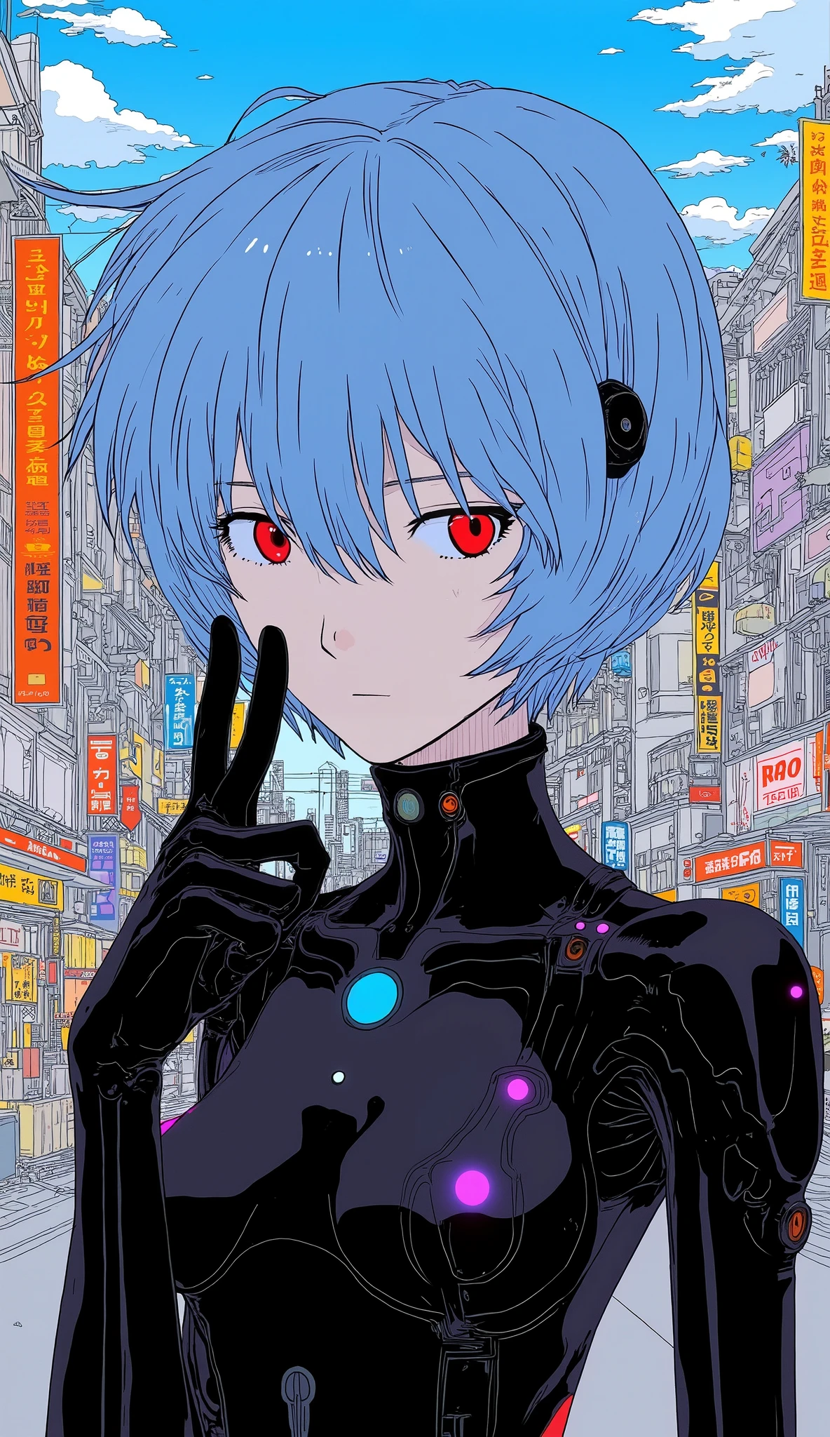 Top Quality 、 Masterpiece、 748cm style 、 8k wallpaper、 Masterpiece、 Top Quality 、 high detail、Cute poster、 absurd, latest, Neon Genesis Evangelion、 woman 1 person 、Rei Ayanami、 light blue hair、 short hair、 Red Eyes、 black plug suit 、 Masterpiece, high detail, upper body、V sign、 anatomically correct hand 、Akihabara、Blue Sky