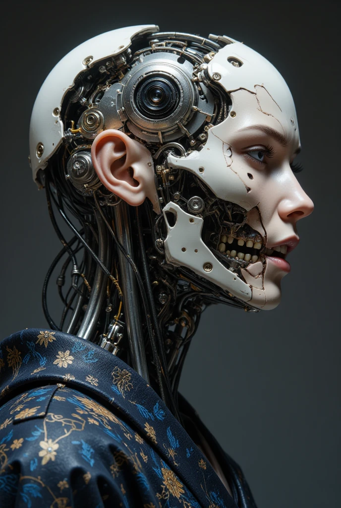 A detailed portrait of a cyborg woman in profile, her face partially exposed, under the skin, the exoskeleton of the skull and cervical spine is visible. The connections of incredibly complex micromotors and servos responsible for the movements of facial muscles and the expression of emotions are visible with the bones and muscles of the skull. She has a ferocious expression on her face, and her teeth are bared, the whole lower jaw is a continuous symbiosis of organics with mechanics. She is dressed in dark, ornate kimono-style clothing. The background is simple, dark gray. High detail, 8k resolution, cinematic lighting, hyperrealism - all this is trending on artstation