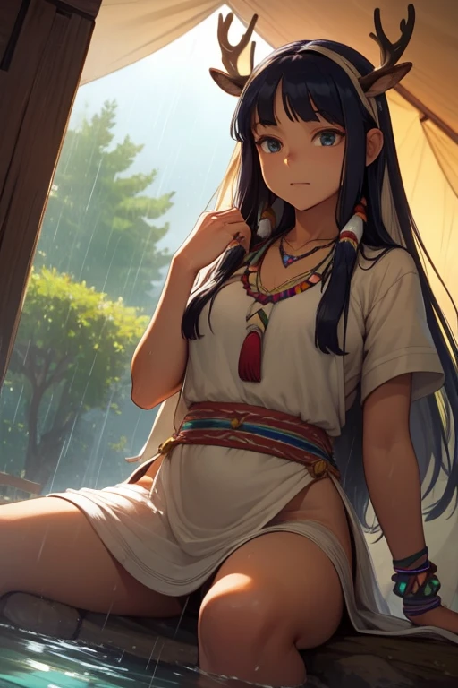 Dynamic Angle、In the jungle、grassland、Amazoness、Girl、Girl、Short、Younger、Lower school girls、Innocence、Pure、She spreads her pussy a little with her fingers、Indian、Both eyes open、National costume、Ethnic Makeup、Brown skin、Small breasts、Nipples、forehead、Crouching、M-shaped spread legs、Leg spread、Love juice is dripping、Masturbation、masturbation
