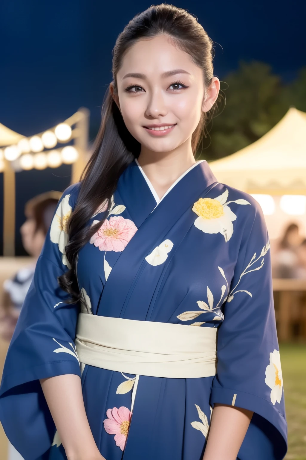 1 girl,( RAW Photo , top quality), ( is present, photo- is present:1.4), Masterpiece, very delicate and beautiful, extremely detailed, 2k wallpaper, wondrous, in detail, extremely detailed CG unity 8k wallpaper, Super Detail, high resolution, Soft light, A beautiful detailed girl in a blue trench coat , extremely detailed eyes and face, beautiful detailed nose , beautiful detailed eyes , cinematic lighting , perfect anatomy, slender body
(I'm wearing a cotton yukata with a floral pattern),(heart),( wide sleeve )
( in the park at night),(japan summer festival),(Festival food stalls:1.2),( night view),
smiles