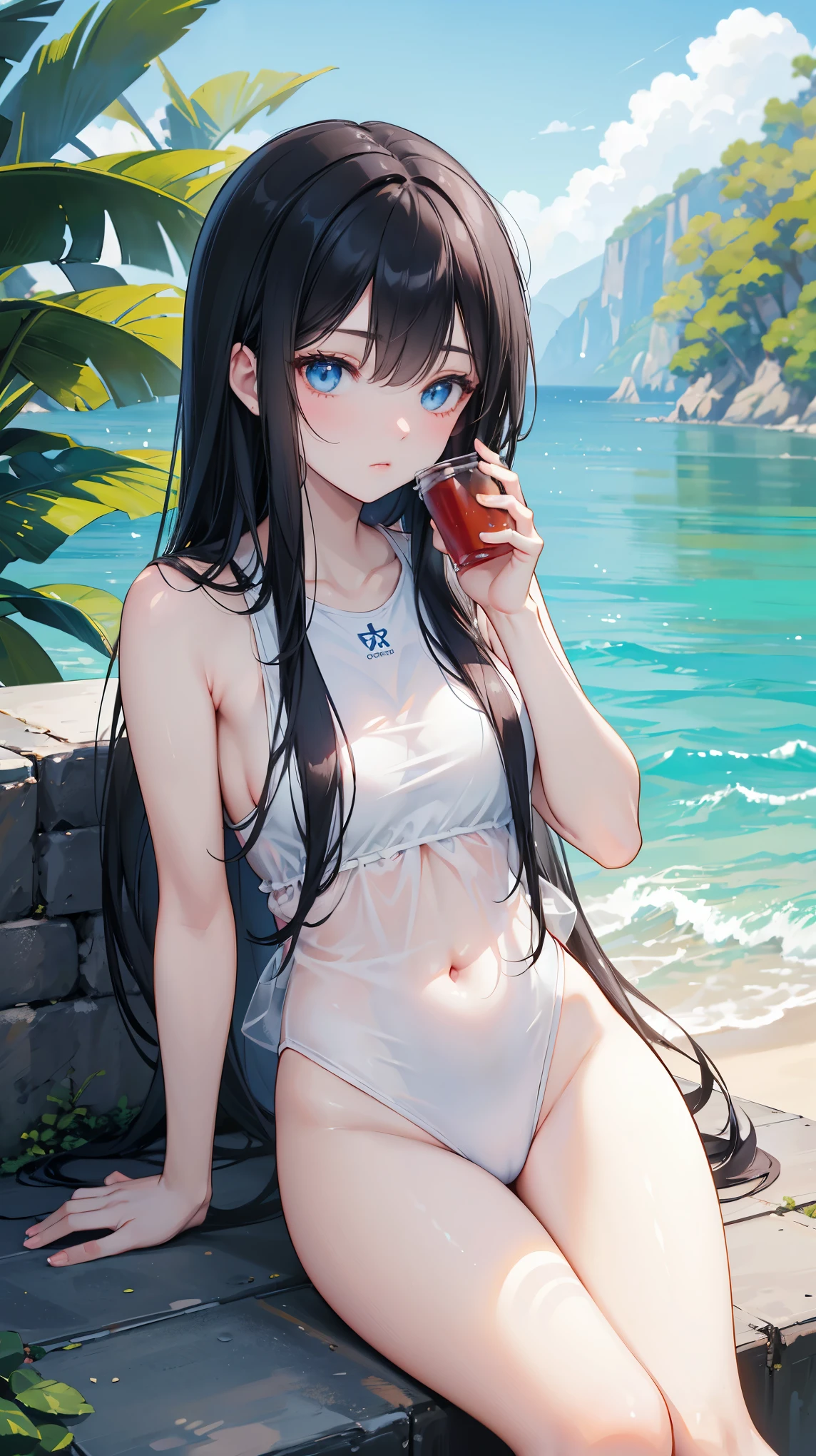 Anime girl sitting on the beach with cat ears erect, seductive anime girl,has black hair,Yellow eyes, , Beautiful anime girl, Cute anime girl, Anime cute art style, Cute anime waifu wearing black swimsuit, very Beautiful anime cat girl, at the beach, beautiful anime girl, Beautiful anime, Beautiful anime catgirl, Charming anime girl,have beautiful legs,Wearing black strappy high heels