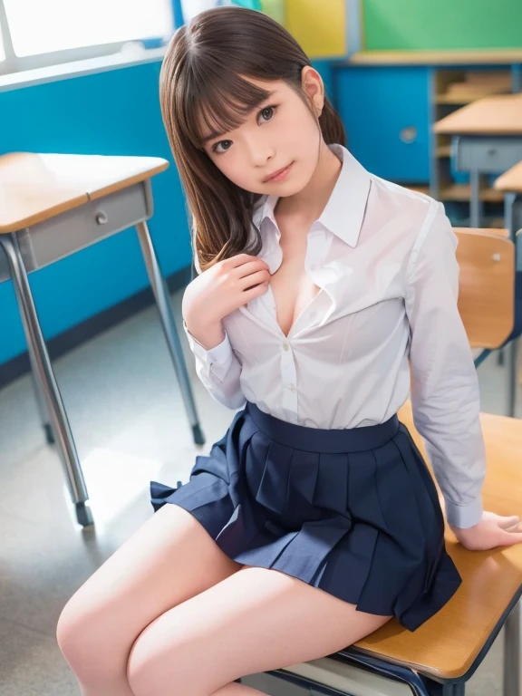 table top, highest quality, 8k, 15 year old naked girl, small breasts、((Big eyes))、(((smile))),学校のclassroom,(((view audience))),RAW photo, (((nude))), award winning portrait,(((Nipples exposed through exposed uniform))), smile, alone, daytime, idol face, delicate girl, Upper body, Digital single-lens reflex camera, looking at the viewer, Frank, Sophisticated, thin arms, soft ray、professional lighting, chromatic aberration, (Eye and face details:1.0), ((realistic))、1 girl, ((girls school uniform)), look at the audience, young face、非常に可愛いsmile, (( open your legs、please open your legs)),show your chest、classroom、(((when you take off your uniform, My chest is exposed)))、short hair,twin tails,perfect anatomy,accurate limbs,precise fingers