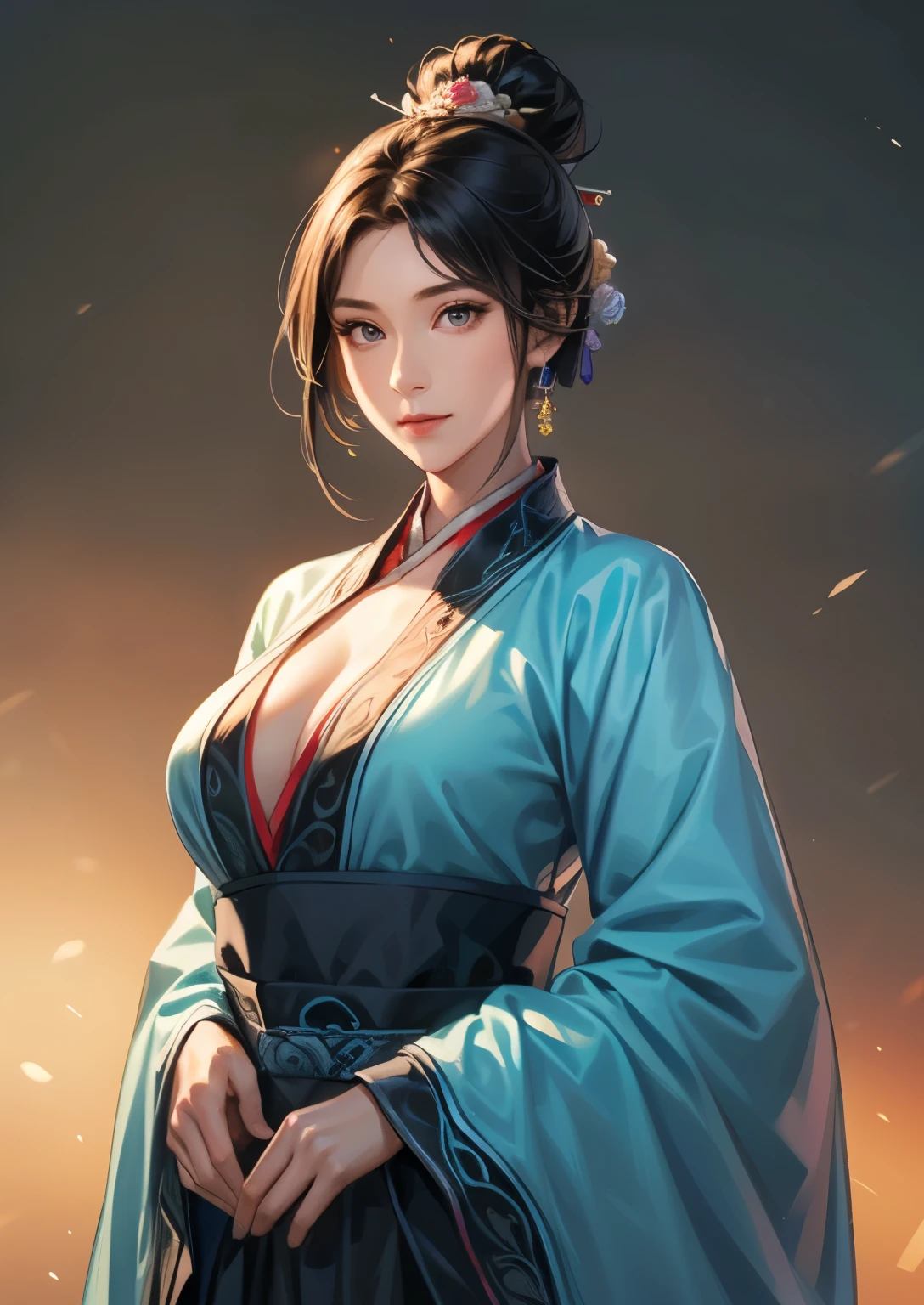 Han Dynasty Scenery 、 Three Kingdoms、 FULL BODY、( best quality,4K,8k, high resolution,masterpiece:1.2)、VERY DETAILED, high resolution,Hyper HD、 studio lighting 、 Ultra Fine Picture 、 sharp focus 、 physically-based rendering 、 VERY DETAILED explanation、 Professional、 Vivid colors、Traditional Chinese painting techniques 、 atmospheric lighting、 Vivid colors 대비、VERY DETAILED目と顔、 A beautiful, detailed girl 、 Light on the face、young man wearing black Hanbok、(Hanbok: 1.2)、Eyes are green , is in perfect shape , (((1 young girl )))、 anatomically accurate、 dynamic posture :1.3、 have very rich facial details,calm hair, (( black hair)), black skin, ( big boobs), visible chest bone ,((( short hair )))