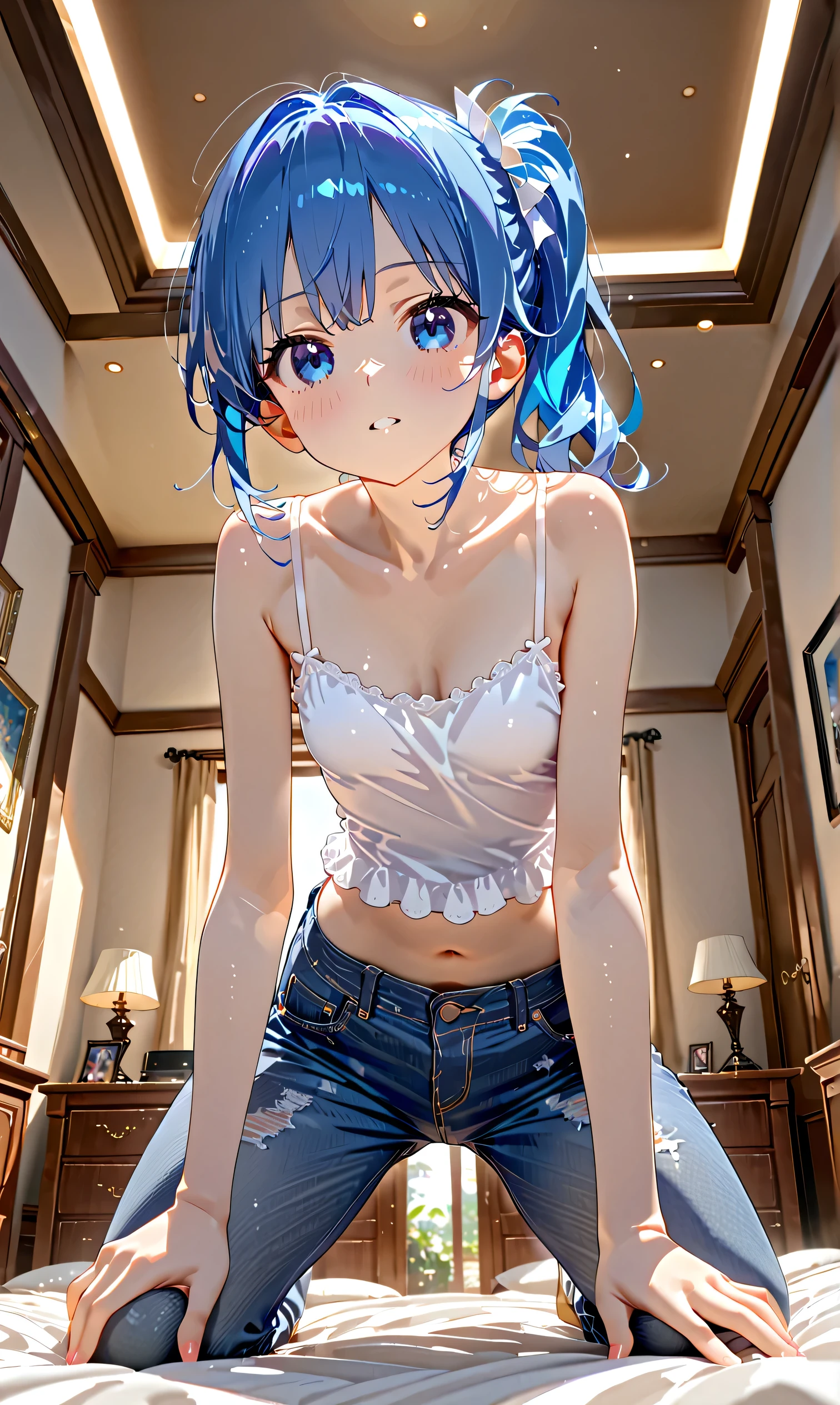 , blue hair, side ponytail, (Masterpiece, Top Quality, Highly Detailed, Super Detailed, High Definition, Absurd, 4K, 8K:1.2), (Official Art, Incredibly Detailed Illustrations, Highly Detailed CG, Detailed Backgrounds, Movie like lighting, dynamic angles, perfect hands, detailed glossy skin, fine hair, fine eyes) (very nice detailed cute li face, beautiful face) (very detailed) (stereoscopic depiction)
BREAK,, 1 girl, (: 1.4), solo focus, back view, (from bottom: 1.4),
Blush, (small hips), thin buttocks, thin thighs, baggy (camisole), (denim pants: 1.2),
(kneel and crawl on all fours: 1.2), (turn around and look at the viewer: 1.4), (stick your butt out: 1.2),
(in the bedroom), indoors, dutch angle