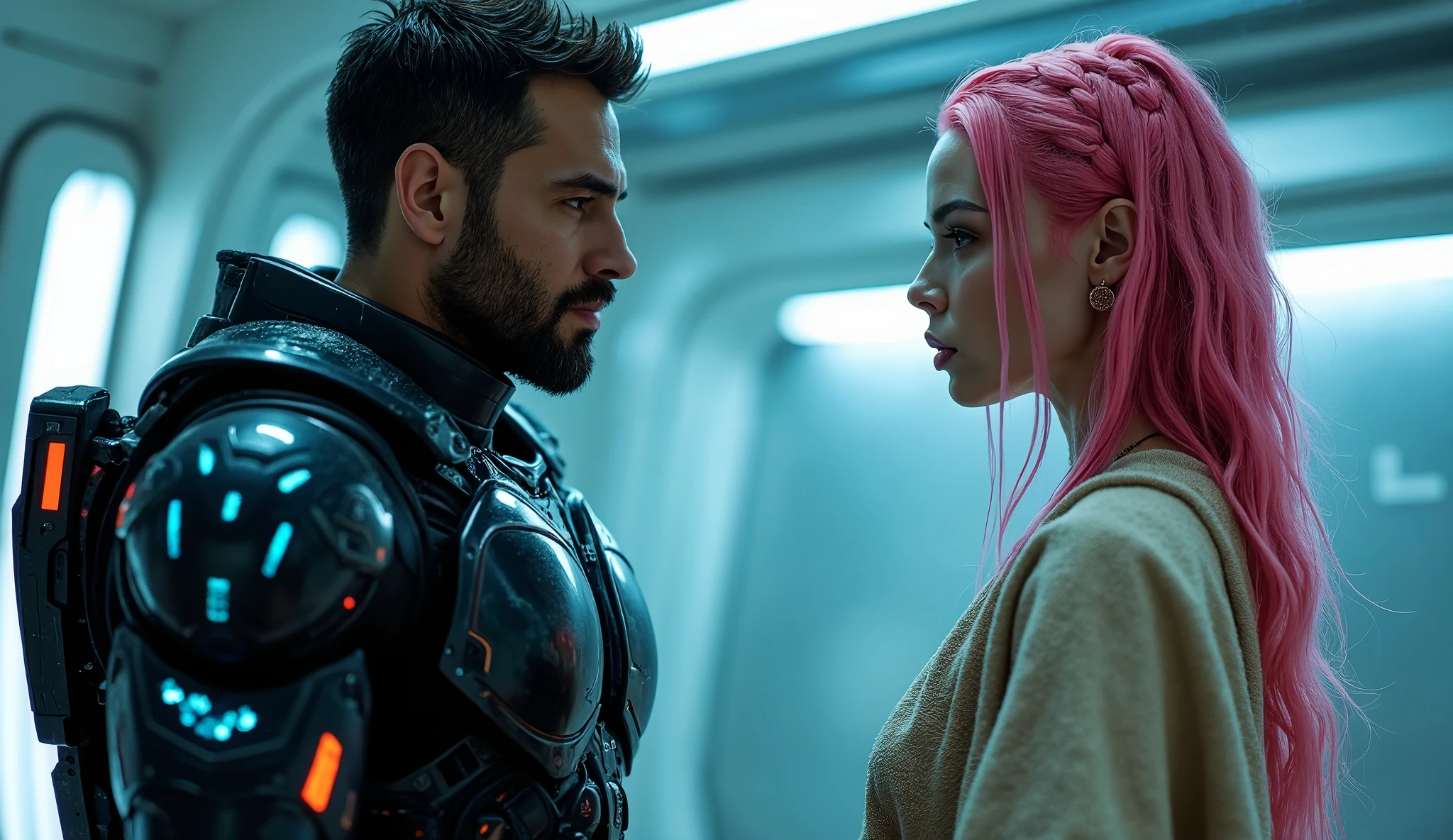 Photorealistic and cinematic image of a strong man with the face of Henry Cavill, long dark hair, wearing black armor with light circuits, is sitting desolately next to a woman with the face of Megan Fox, long pink hair, wearing a silver armor with violet and blue light circuits. Both are sad with their heads bowed. They are sitting on a futuristic sofa in a futuristic and technological environment and facing a screen where the presenter Silvio Santos appears and on the bottom of the screen it says "MORRE SILVIO SANTOS!"
16 thousand photographs. Highest resolution, high detail. High realism, depth of field, kodak portra 800, 105 mm f1 neon red color. Ultra realistic. Ultra detail and texture. Hauntingly beautiful. Professional DSLR lighting and shadows. Inspired by Stanley Kubrick, Tarkovsky, Parajanov, Storaro, Roger Deakins, a hauntingly beautiful work of true, ethereal beauty. Bright aura. vibrant poster cinematic photo, photo, cinematic, poster, vibrant
