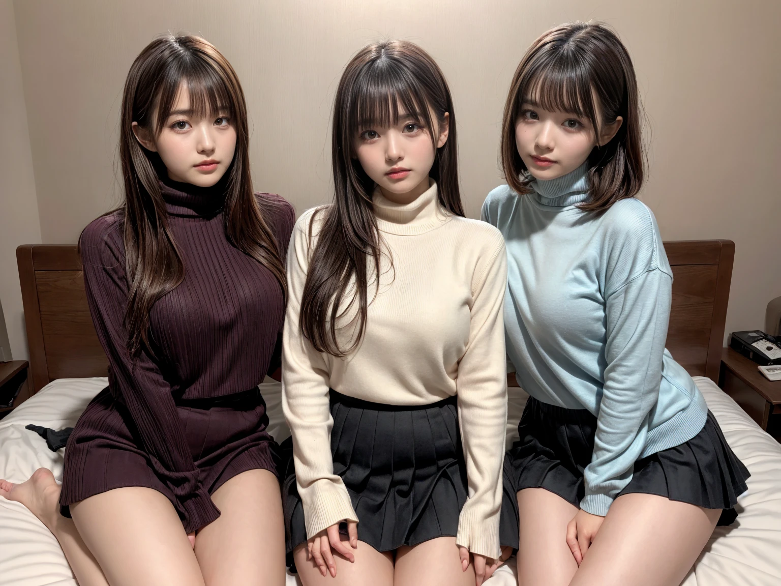 Supermodel、perfect details、beautiful girl、Three girls stare at the screen 3 girls、sweater、stockings