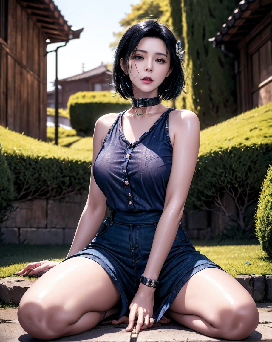 1 girl,Wearing an elegant (white transparent dress with white floral pattern: 1.3). The dress has a V-neck design and is sleeveless with straps passing over the shoulders. The dress has a high slit on the side, adding to its stylish look. The background suggests an outdoor setting with lots of greenery and modern architectural elements, the outdoor part of a chic modern place. The sun shines through the leaves, casting a soft glow on the scene,,open lips,charming smile,((huge breasts), shiny skin,Detailed hair,(tattooed:1.2),((8k, RAW photos, top quality, masterpieces)), high-definition RAW color photos professional photos, (realistic, photorealism: 1.37), (highest quality), (best shadows), ( ultra high resolution, high-definition CG unified 8K wallpapers, physically based rendering, movie lighting),Nanami