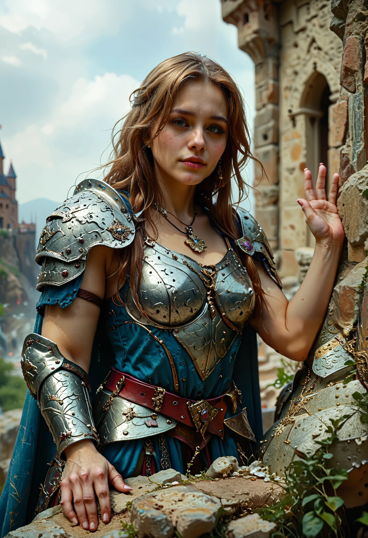 safe_pos, (score_9, score_8_up:1.1), score_7_up, photorealistic, (superman) as a knight in medieval times wearing arm0rs3nt1n3l (dark-metallic-armor) belt, hand up, necklace shoulder armor, gauntlets, pendant, pauldrons, breastplate spartan-helmet spikes knight, full armor plate armor, chainmail (nighttime) outside on cliff castle in background lightning flowing cape cowboy-shot low-angle, confident-pose intense-stare, absurdres, masterpiece,, Expressiveh, flux-style ((masterpiece, Highest quality, Best image quality, High resolution, Realistic, RAW Photos, 8k, Highly detailed)) 4lch3my_l4b CyberRealistic_Negative_PONY