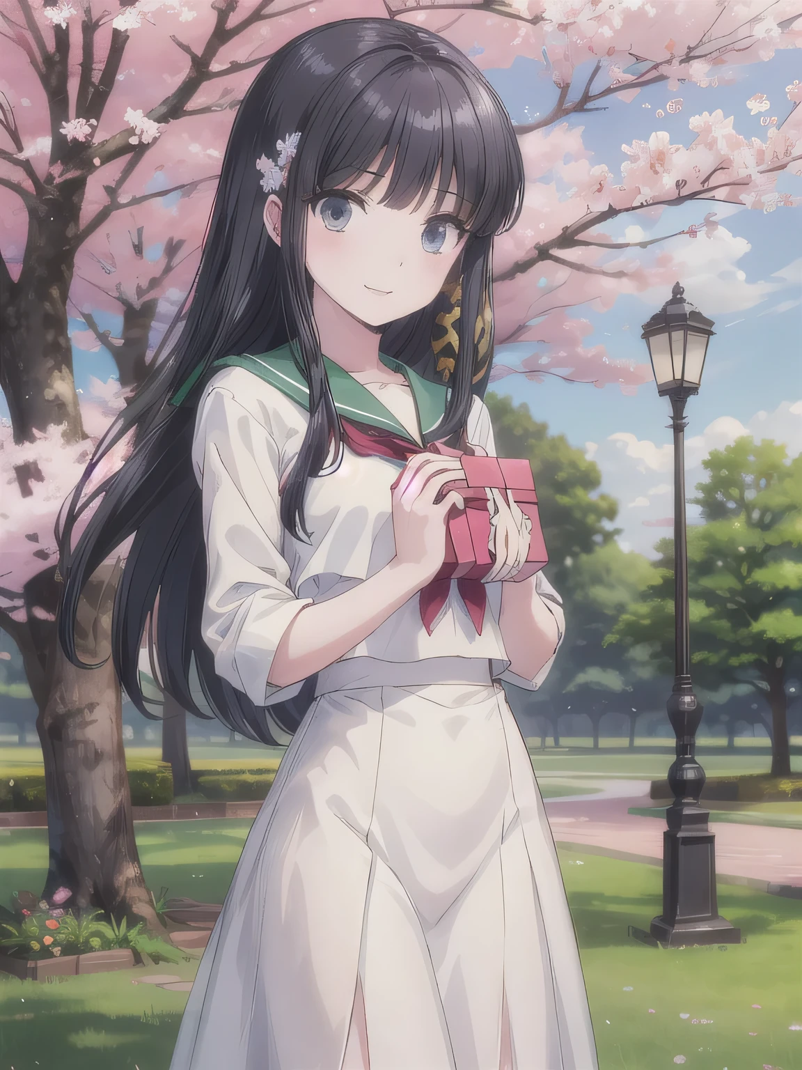 A stunningly beautiful 20-year-old woman stands in a lush green park full of cherry blossoms in full bloom under a clear blue sky. She is wearing a classic sailor uniform and holds a neatly wrapped gift box with a red ribbon in both hands in front of her chest. The box is small, wrapped in decorative paper, and tied with a bow. She looks very happy, with a radiant and joyful expression.A stunningly beautiful 20-year-old woman stands in a lush green park full of cherry blossoms in full bloom under a clear blue sky. She is wearing a classic sailor uniform and holds a neatly wrapped gift box with a red ribbon in both hands in front of her chest. The box is small, wrapped in decorative paper, and tied with a bow. She looks very happy, with a radiant and joyful expression. black hair, long hair.
