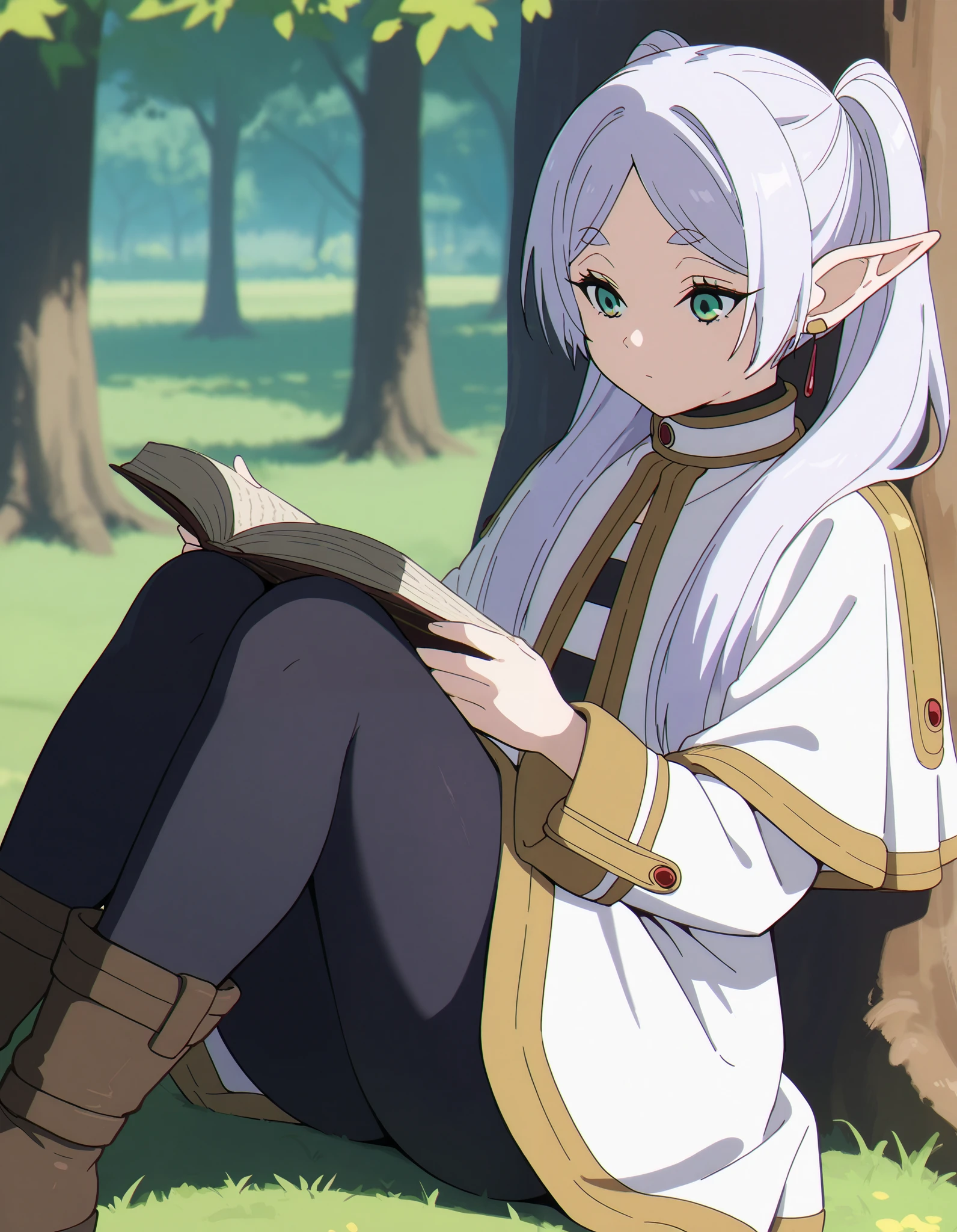 score_9, score_8_up, score_7_up, score_6_up, score_5_up, score_4_up, frieren, pointy ears, twintails, elf, long hair, green eyes, parted bangs, white hair,
white capelet, short white dress, pantyhose, striped shirt, brown boots, thick thighs 
sitting, knees up, reading book  
outdoors, tree,, masterpiece, best quality