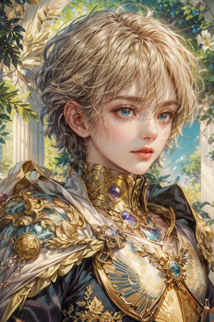 (absurdres, highres, ultra detailed, HDR), masterpiece, Intricate details,best quality picture of a character from Tales of the rays, handsome teen boy with short Hair anime eyes, intricate details on face, in a detailed outside garden sanctuary scenery, detailed character, art kenouji