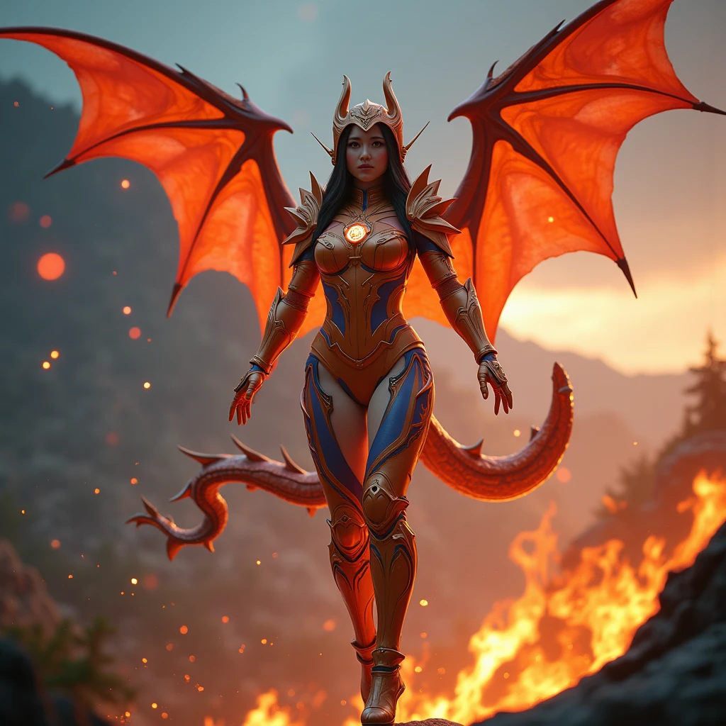 Professional , masterpiece、top-quality、photos realistic , depth of fields 、(Dragon Red Metal Body:1.9),(Enamel purple、(cleavage of the breast)、Mystical expression、Dragon Gold Weapon、(Red Micro Bikini Armor:1.4),Gorgeous gold weapons ,Particles of light、(( Dragon's dense and gorgeous sword)) , (demonic wings)、((a blond))、(Castle background)、((Gangle's forest background))、((Fight dragons))、Beautiful Caucasian beauty、1a person、dynamic ungle,(((Detailed and ornate dragon helmet)))、Smaller head、A smile、Castle background、Thin and beautiful female hands、cleavage of the breast、Soldier in iron armor on background、Mystical expression、Light Effects、intense fighting、Wind-effect、magic circles、With the legendary magic wand、Dragon's tail、explosions、Anatomically correct body、