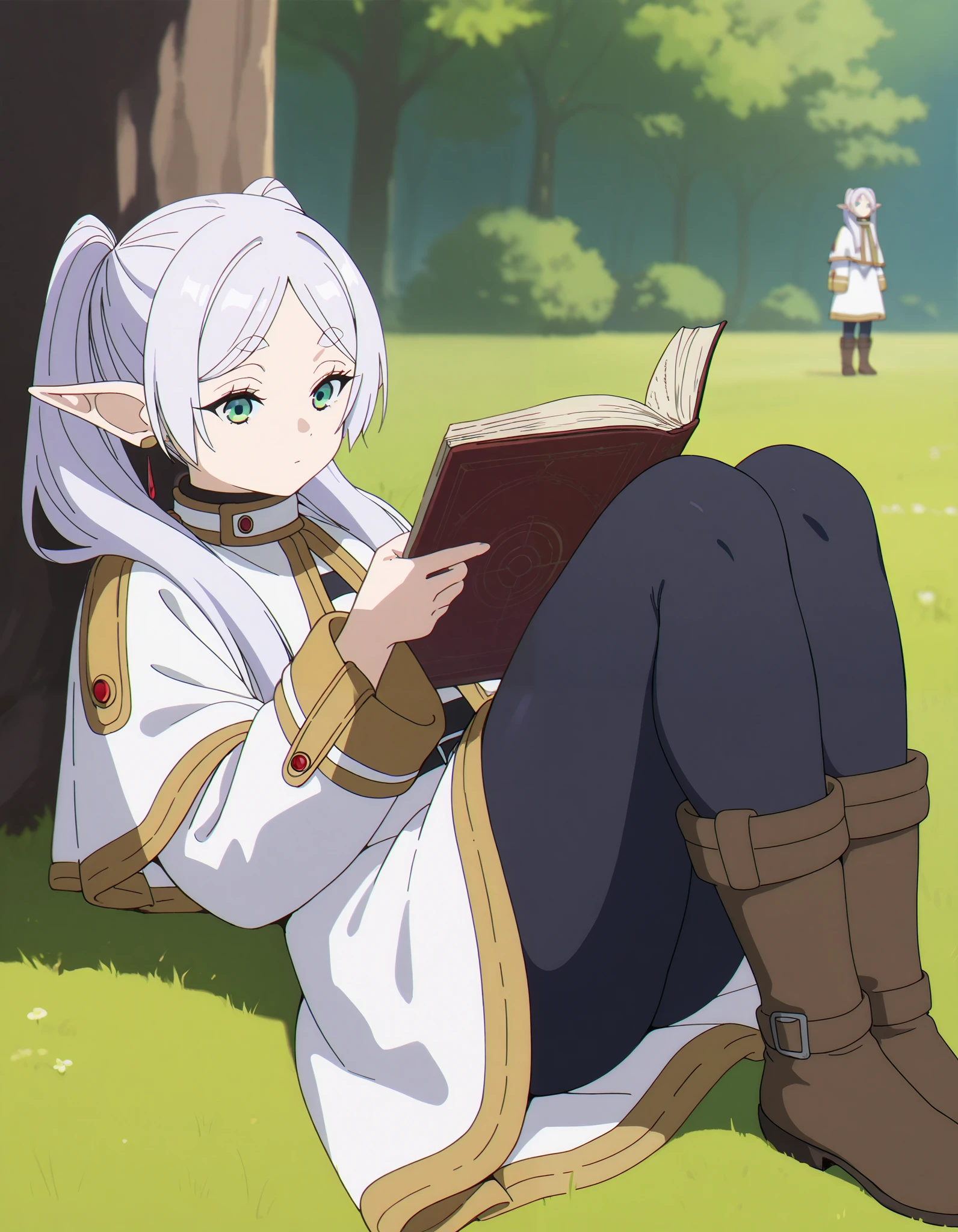 score_9, score_8_up, score_7_up, score_6_up, score_5_up, score_4_up, frieren, pointy ears, twintails, elf, long hair, green eyes, parted bangs, white hair,
white capelet, short white dress, pantyhose, striped shirt, brown boots, thick thighs
Lying, knees up, reading book
outdoors, tree,, masterpiece, best quality
