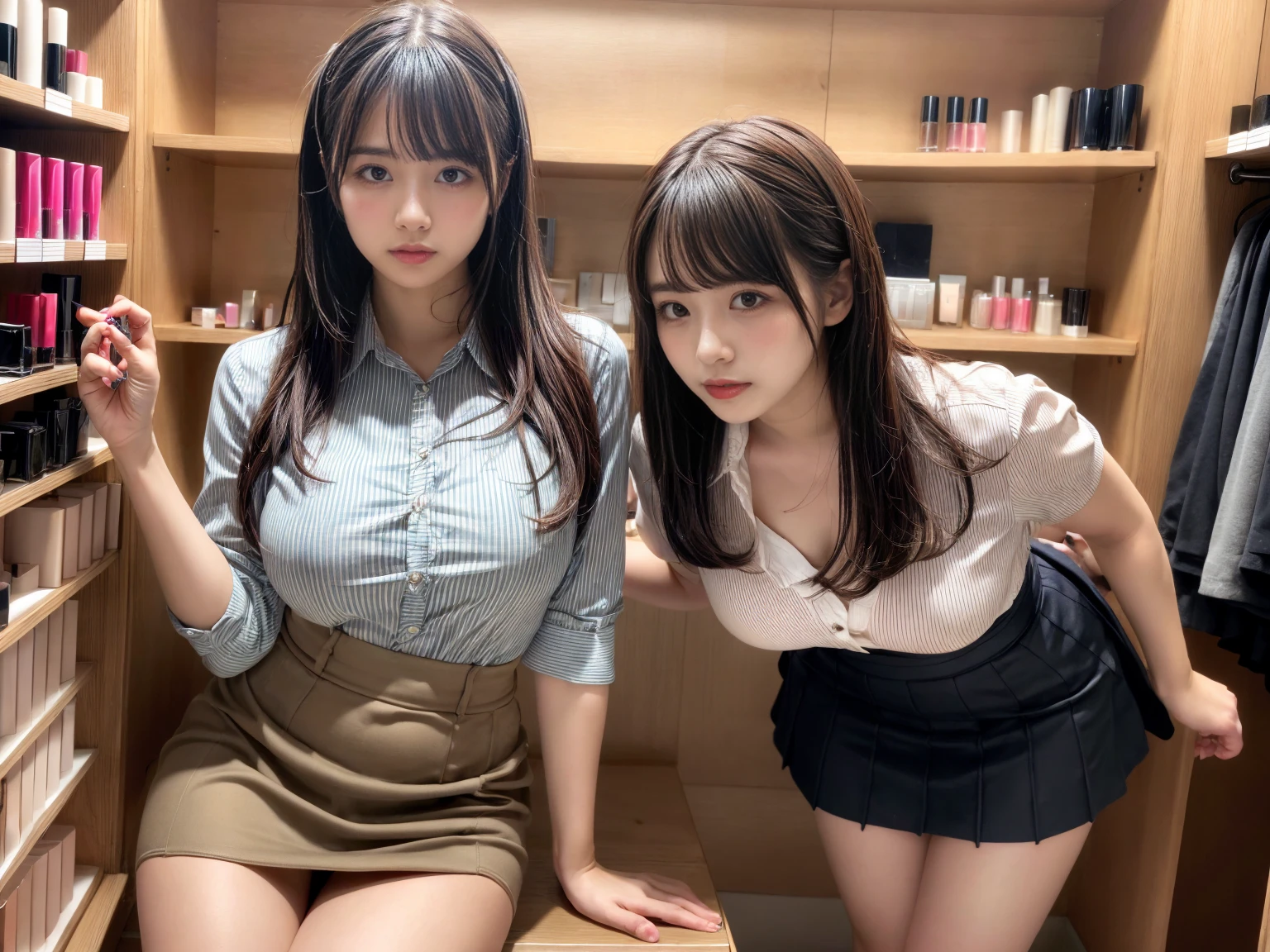 A selfie photo of two Japanese girls, (Both looking at the viewer), (Both standing and facing the front), (in a large office), (Both smiling), best quality, masterpiece, (Both wearing white lingerie and stockings), (Both wearing pale-purple cardigan), ((Double eyelids)), ((Big beady eyes)), Bangs down,