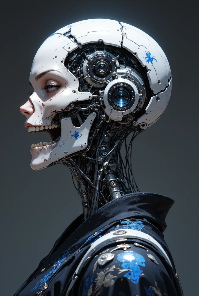 A detailed portrait of a cyborg woman in profile, her face partially exposed, under the skin, the exoskeleton of the skull and cervical spine is visible. The connections of incredibly complex micromotors and servos responsible for the movements of facial muscles and the expression of emotions are visible with the bones and muscles of the skull. She has a ferocious expression on her face, and her teeth are bared, the whole lower jaw is a continuous symbiosis of organics with mechanics. She is dressed in dark, ornate kimono-style clothing. The background is simple, dark gray. High detail, 8k resolution, cinematic lighting, hyperrealism - all this is trending on artstation