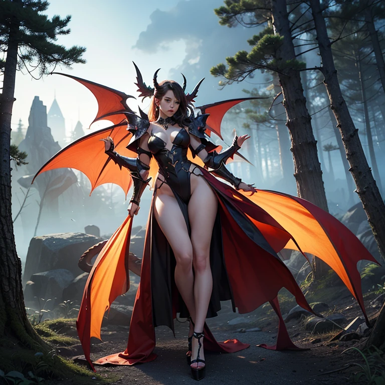 8K, ultra HD, masterpiece, 1 girl, good face, very long hair, detailed eyes, small Curved figure, (dragon outfit orange:1.5), (bare shoulder:1), (tattoo:1.2), (straps:1.2), water, (perfect body:1.5), sitting