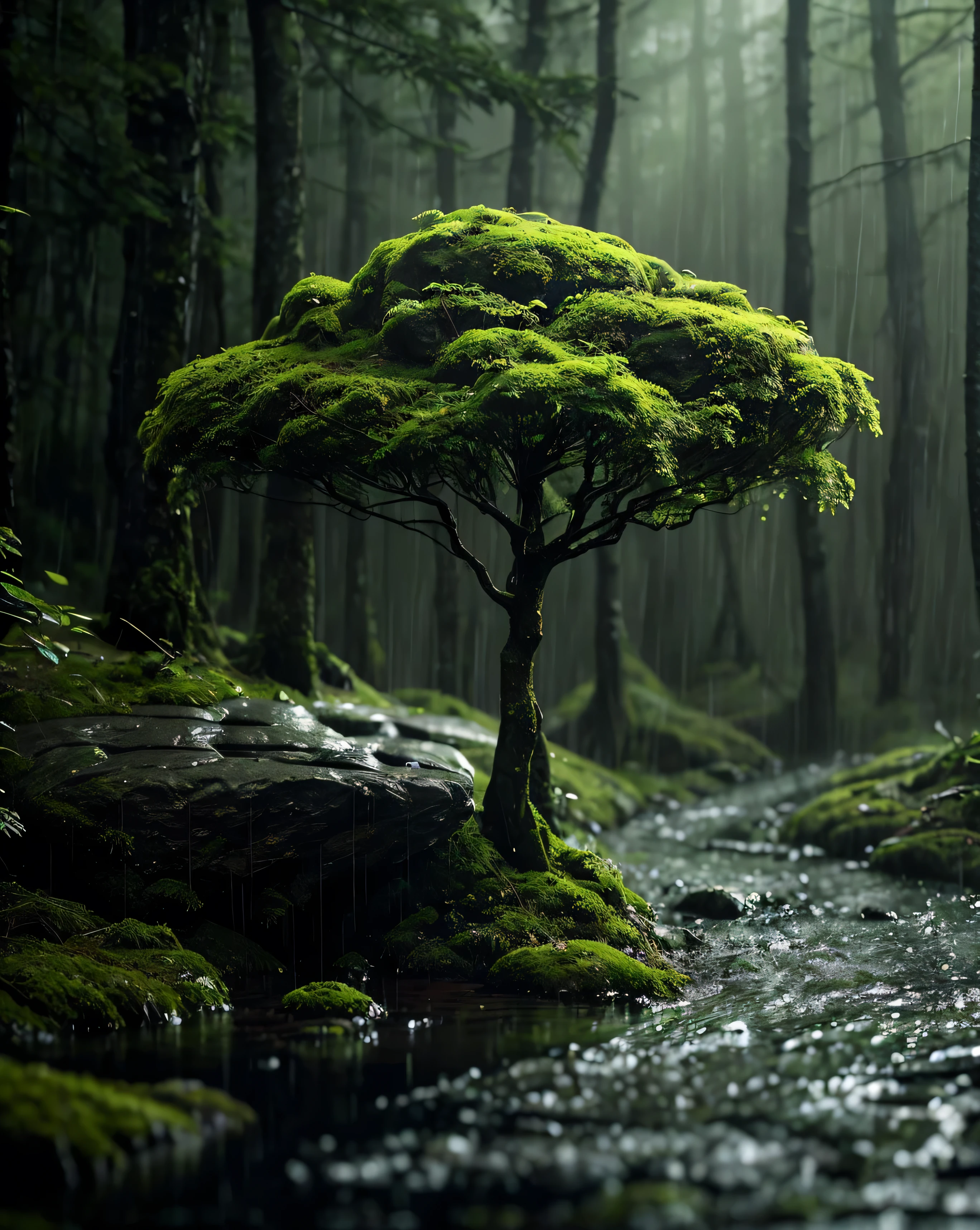 Small forest shrouded in thin fog , with raindrops falling gently on the foliage . Large boulders covered in green moss , gives an old and natural feel . Breathable cold air , carries the characteristic scent of wet soil . In the distance , a faint towering mountain , are almost hidden behind a constantly moving mist . Slightly blurred foreground , creating a depth that adds to the mysterious and peaceful feeling