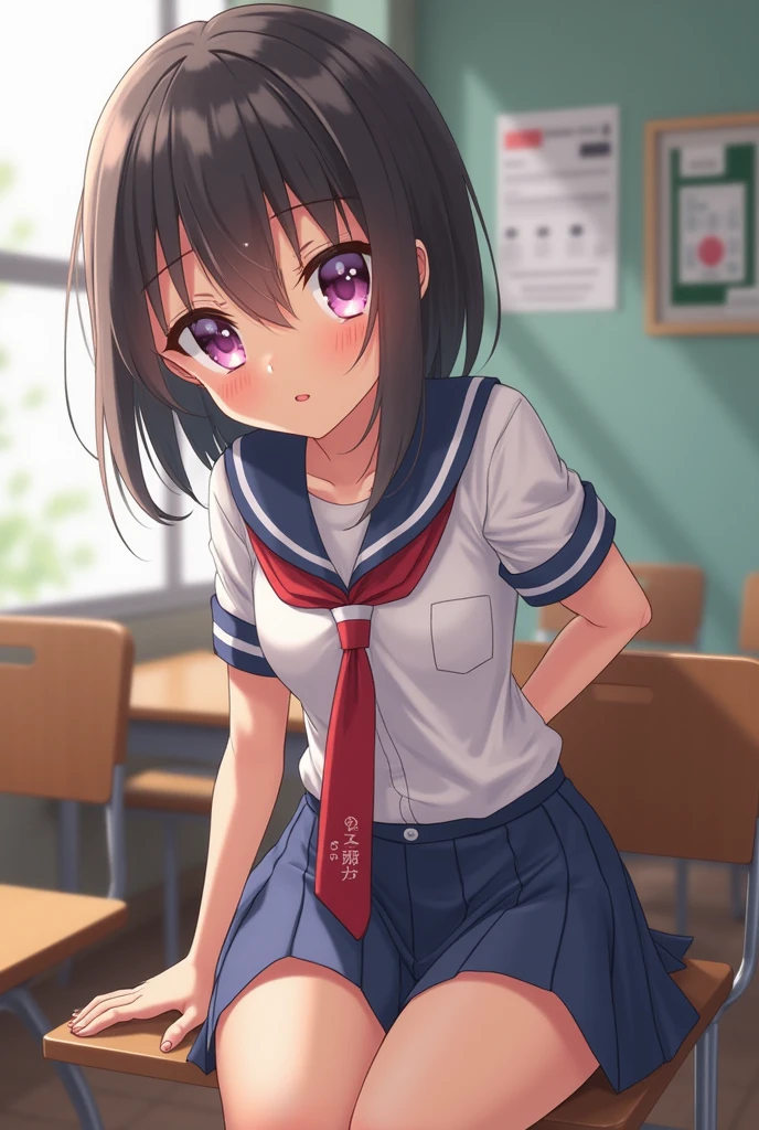 nsfw,alone, (One girl), Elementary school girl,8-year-old, ((Pink Panties)), (wearing only the top half of sailor school uniform),sexy, (Cowboy Shot), (arms behind back), classroom, With a girl:Her hair is long and black, Her face is round and cute, Black Hair, Low twin tails, (Are standing),(Shy, Embarrassing),from below,from the front,,pussy juice,