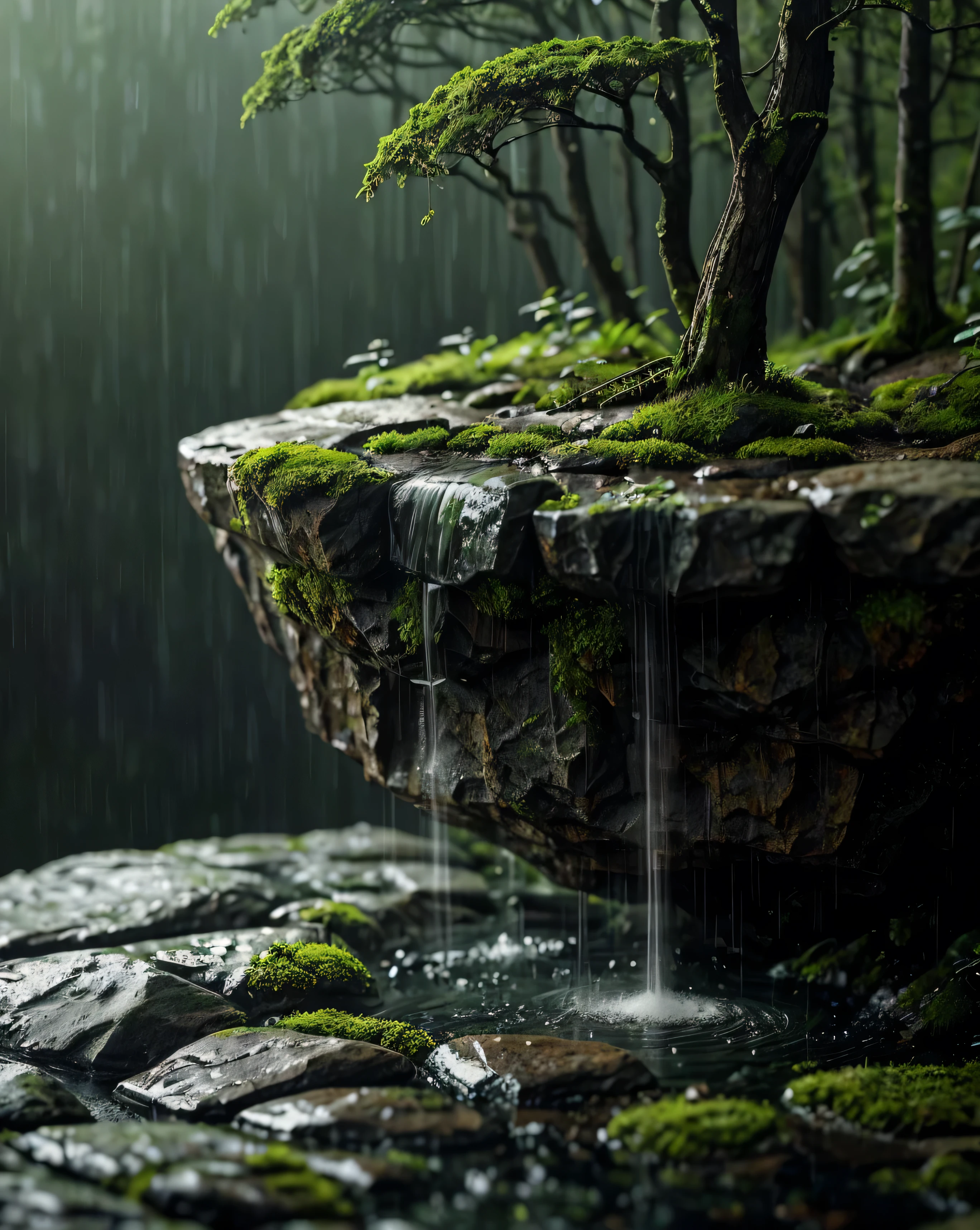 Small forest shrouded in thin fog , with raindrops falling gently on the foliage . Large boulders covered in green moss , gives an old and natural feel . Breathable cold air , carries the characteristic scent of wet soil . In the distance , a faint towering mountain , are almost hidden behind a constantly moving mist . Slightly blurred foreground , creating a depth that adds to the mysterious and peaceful feeling