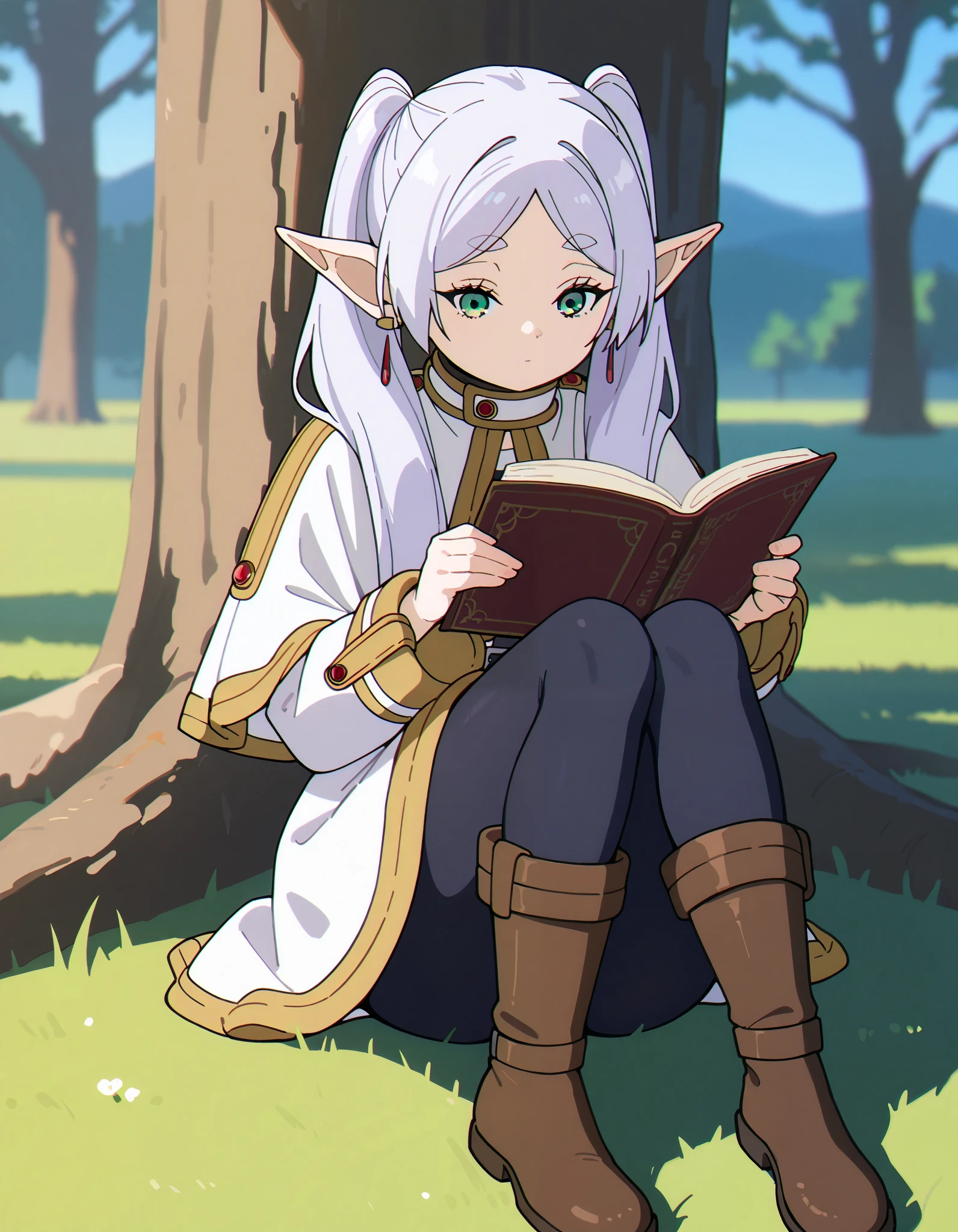score_9, score_8_up, score_7_up, score_6_up, score_5_up, score_4_up, frieren, pointy ears, twintails, elf, long hair, green eyes, parted bangs, white hair,
white capelet, short white dress, pantyhose, striped shirt, brown boots, thick thighs
sitting, knees up, reading book
outdoors, tree,, masterpiece, best quality