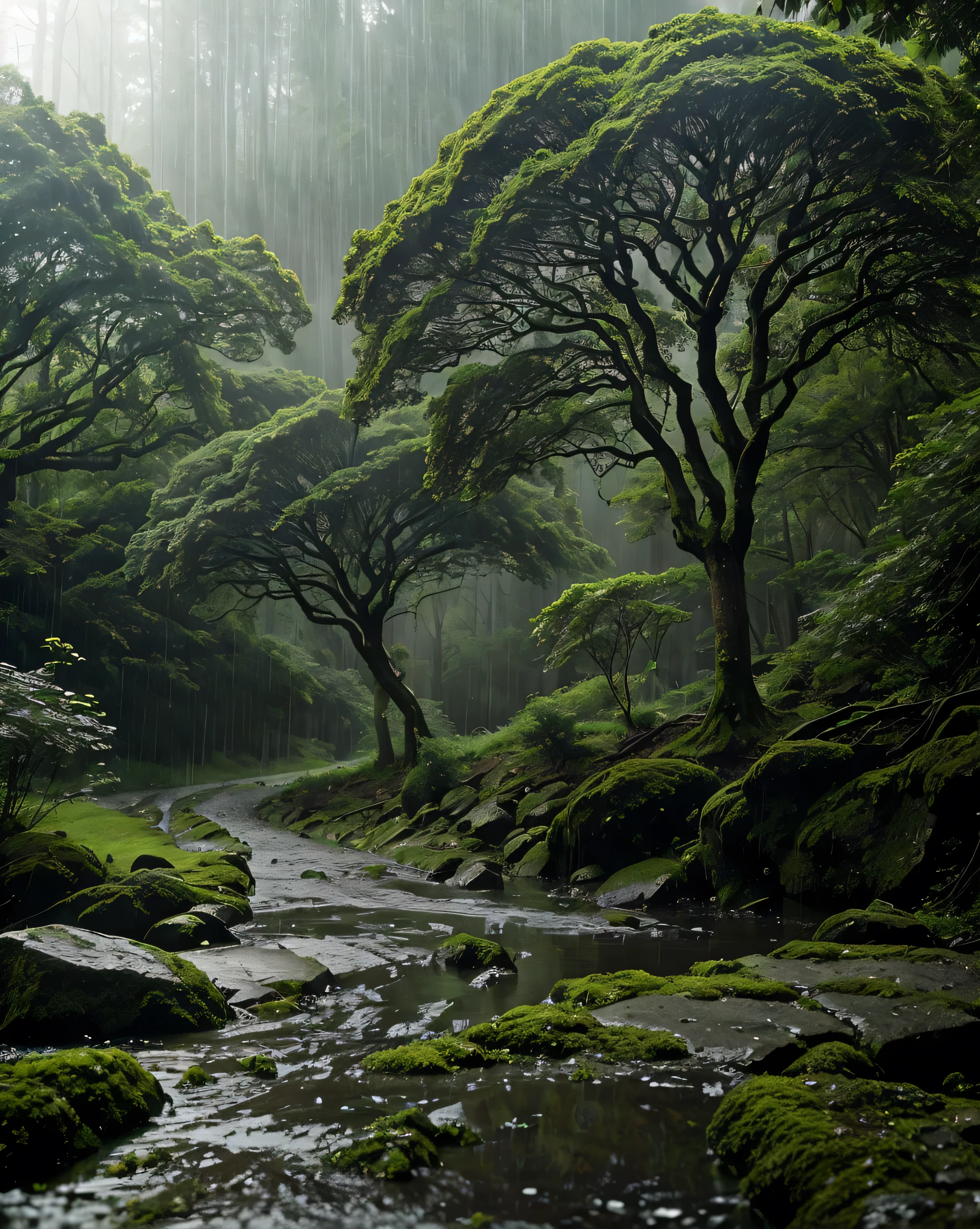 The towering shady trees , The leaves rustle softly in the rainstorm . The wet path seems faint among the grasses and mossy boulders . The air is filled with the scent of rain and wet foliage , gives a sense of calm and freshness . Thin mist drifts between the tree trunks , while mountains in the distance form a silhouette faint clouds that disappear behind low clouds