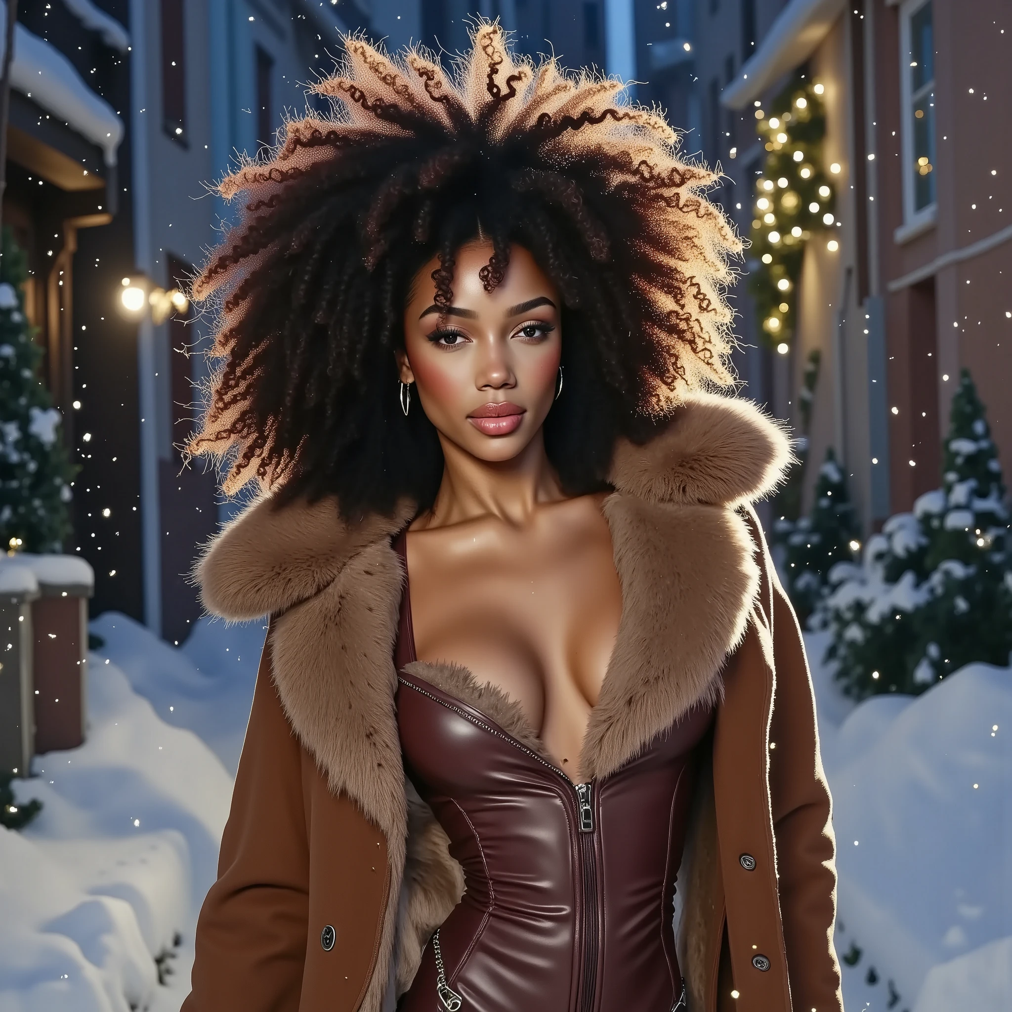 portrait, A female with wavy dark hair and perfect eyes, wearing a fur coat and a fur hat, seductive, perfect subtle makeup, snowing, christmas lights, wet gouche, winter