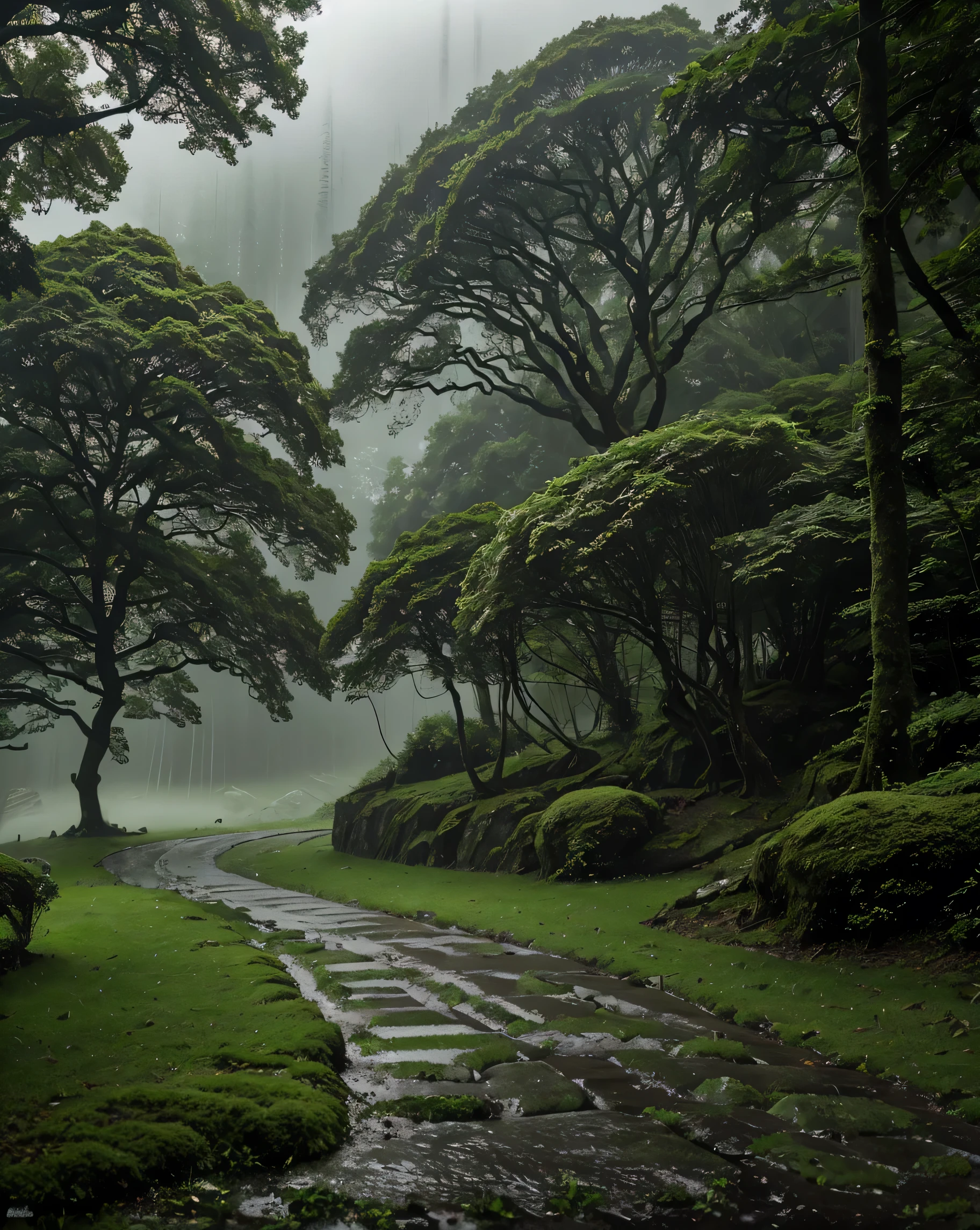 The towering shady trees , The leaves rustle softly in the rainstorm . The wet path seems faint among the grasses and mossy boulders . The air is filled with the scent of rain and wet foliage , gives a sense of calm and freshness . Thin mist drifts between the tree trunks , while mountains in the distance form a silhouette faint clouds that disappear behind low clouds