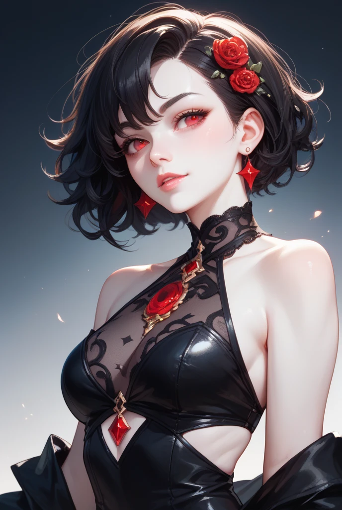 Mature girl ,Black color hair,Floating hair,23years old,Black eyes,mischievous grin, Short brunette hair,(((Women wear pet collars))), (self-shot) Face facing the audience ,((Do not be naked)),Dark clothing,((Upper body camisole)),(Black folding skirt),((There is a tattoo on the chest)),((Rebellious attitude)),Subtle blush,bangle,choker necklace,nipple piercing,Delicate and agile eyes,Gorgeous accessories,Wearing pearl earrings,fov,F1.8,tmasterpiece,Complexscenes,Petals flying,Front lens
