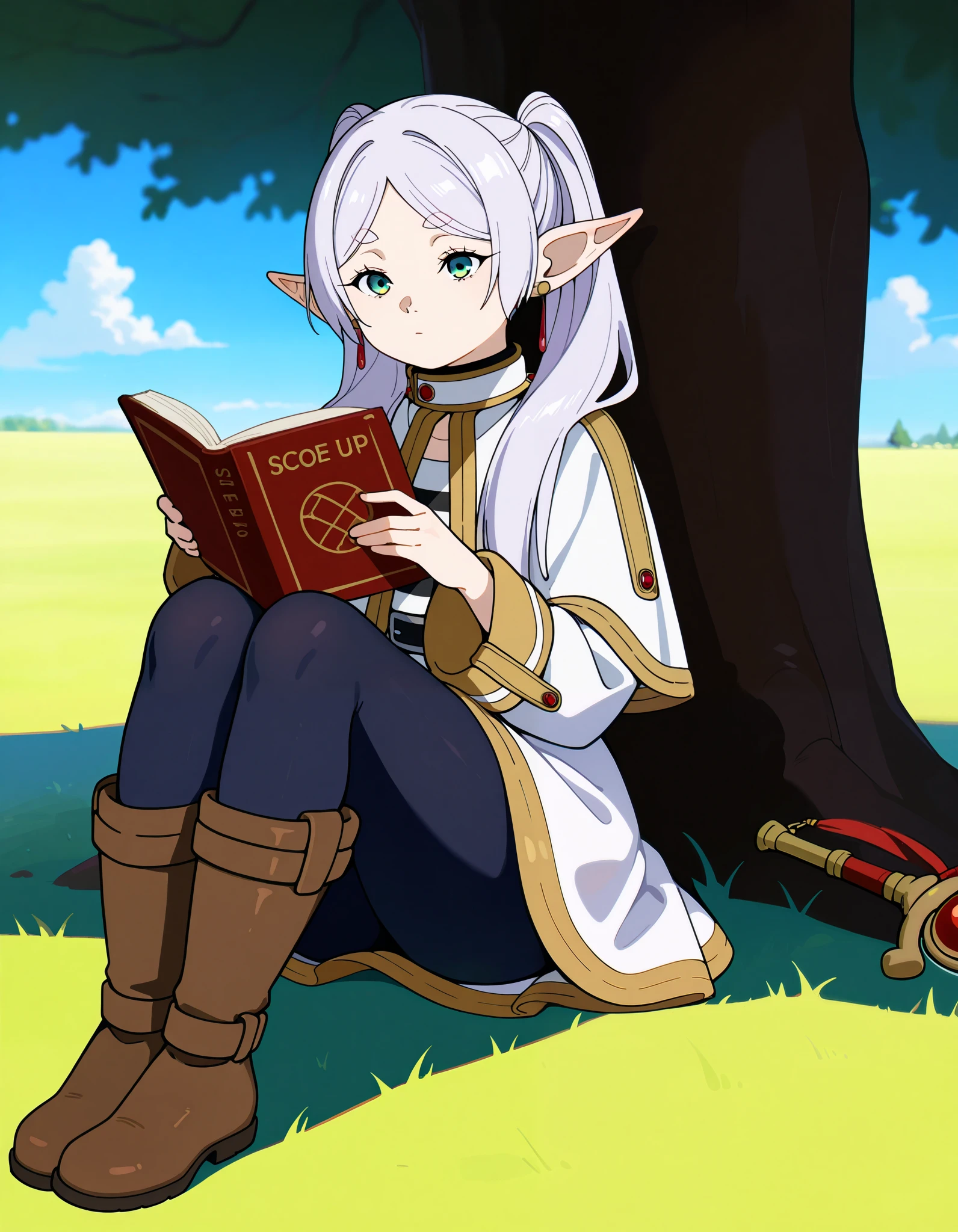 score_9, score_8_up, score_7_up, score_6_up, score_5_up, score_4_up, frieren, pointy ears, twintails, elf, long hair, green eyes, parted bangs, white hair,
white capelet, short white dress, pantyhose, striped shirt, brown boots, thick thighs
sitting, knees up, reading book
outdoors, tree,, masterpiece, best quality