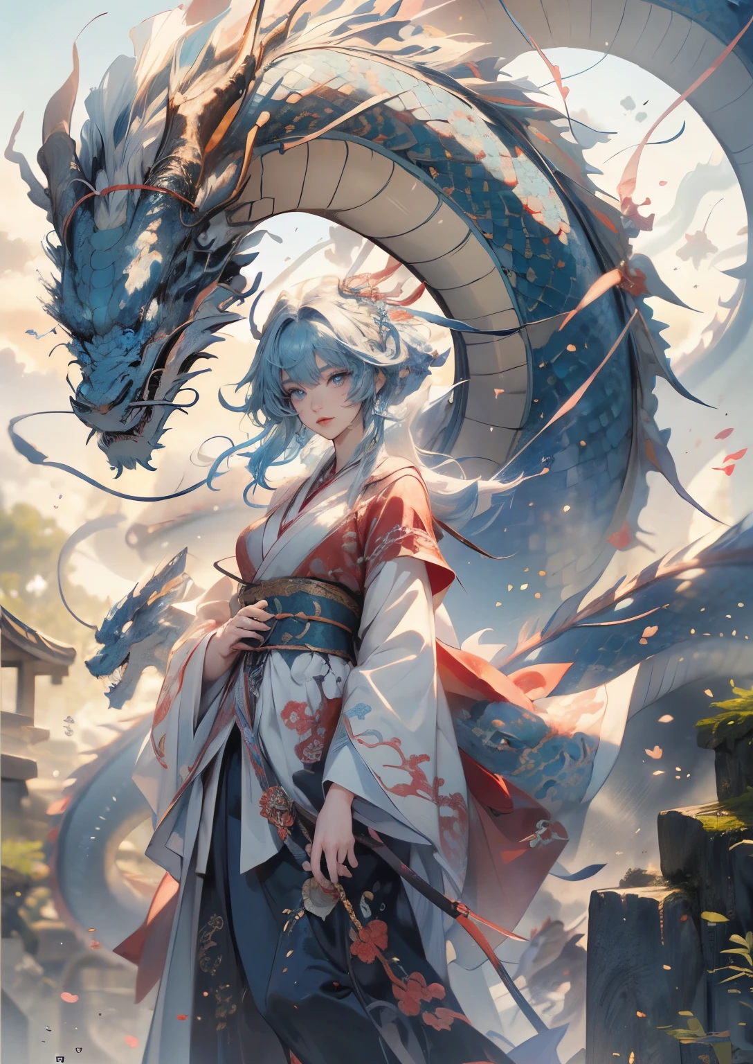 The Chinese White Divine Dragon soared into the air（Girl manipulates dragons:1.3), The girl has her back to the camera:1.3), Sky clouds surround the surroundings, Light magic，Fantastic background, Meaning background, Ridiculous background, There are artistic overlays, multicolored hair, surrealism, Cinematic lighting, Ray tracing, god light, speed-line, angle of view, hyper HD, Masterpiece, Best quality, Super detail, A high resolution, High quality, (Far view:1.3）
