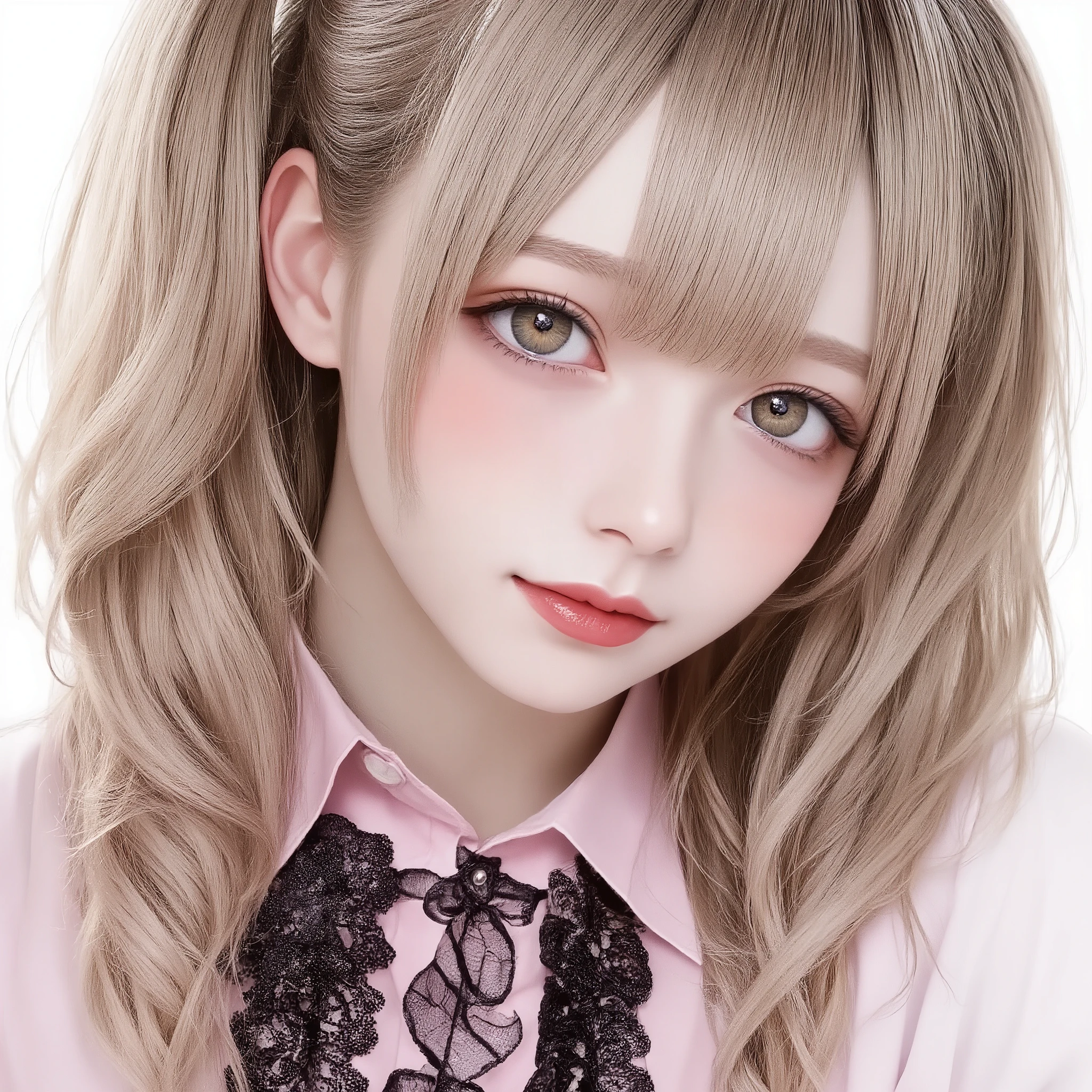photorealistic, elegant girl, confident pose,hair style\(dark blonde hair,(right-parted bangs,thick curtain bangs:1.5),(high side Thin twin tails:1.2),subtle ends curl hair,face framing hair\),Pink shirt with black lace braided at the collar,stylish and sophisticated atmosphere, delicate earrings, gentle smile, fashionable style,((face close up)),best quality, clean and bright composition
