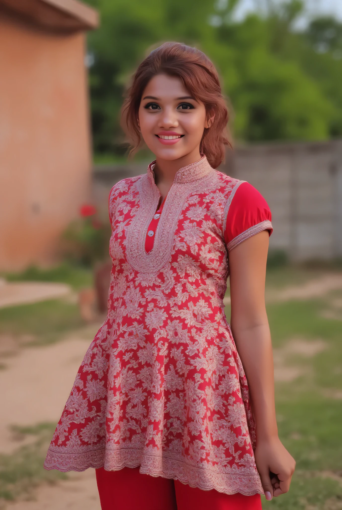 a perfect well-lit (closeup:1.15) (medium shot portrait:0.6) photograph of a beautiful woman standing on the hiking trail, wearing an indian salwar outfit, looking at me, coy slight smile