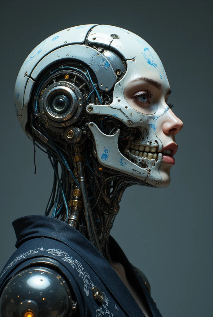 A detailed portrait of a cyborg woman in profile, her face partially exposed, under the skin, the exoskeleton of the skull and cervical spine is visible. The connections of incredibly complex micromotors and servos responsible for the movements of facial muscles and the expression of emotions are visible with the bones and muscles of the skull. She has a ferocious expression on her face, and her teeth are bared, the whole lower jaw is a continuous symbiosis of organics with mechanics. She is dressed in dark, ornate kimono-style clothing. The background is simple, dark gray. High detail, 8k resolution, cinematic lighting, hyperrealism - all this is trending on artstation