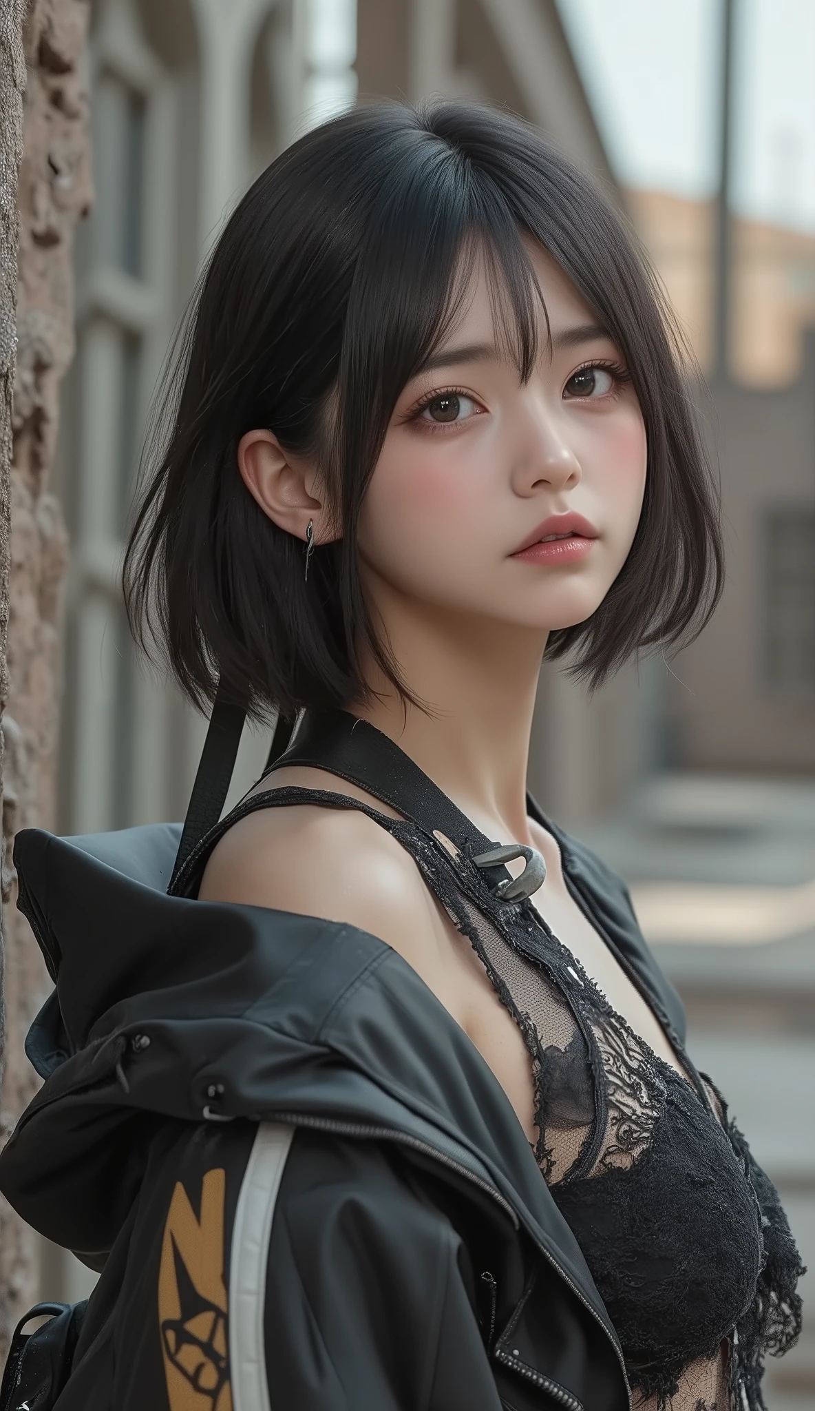 8k, ultra high resolution , top quality, masterpiece,rule of thirds,golden ratio, surreal, photos, one woman,( girl:1.3), cute, cute顔, Beautiful Eyes in Every Detail , 細かく Details, mature woman, princess,FULL BODY,smile, black hair, short hair,Long layers,ID photo,future, Brutal Cyberpunk Woman , luxurious and beautiful ,(( overalls)), (( oversized hoodie )), very delicate expression , delicate eye description,, Healthy body shape, (( 1 female)), Height: 160cm, (( thin thighs)) ,( thin waist:1.4)、( Beautiful :1.4), pink lips, profile,((( ideal body shape))),Small bust, A cup :2,、 portrait:2、 perfect anatomy 、鮮明な Details、 Details, thin lips,Perfect and beautiful face ,完璧で cute顔, Meticulous Skin , Perfect Limbs 、 thin waist, surreal,Light and Dark, fashion magazine cover,glowing