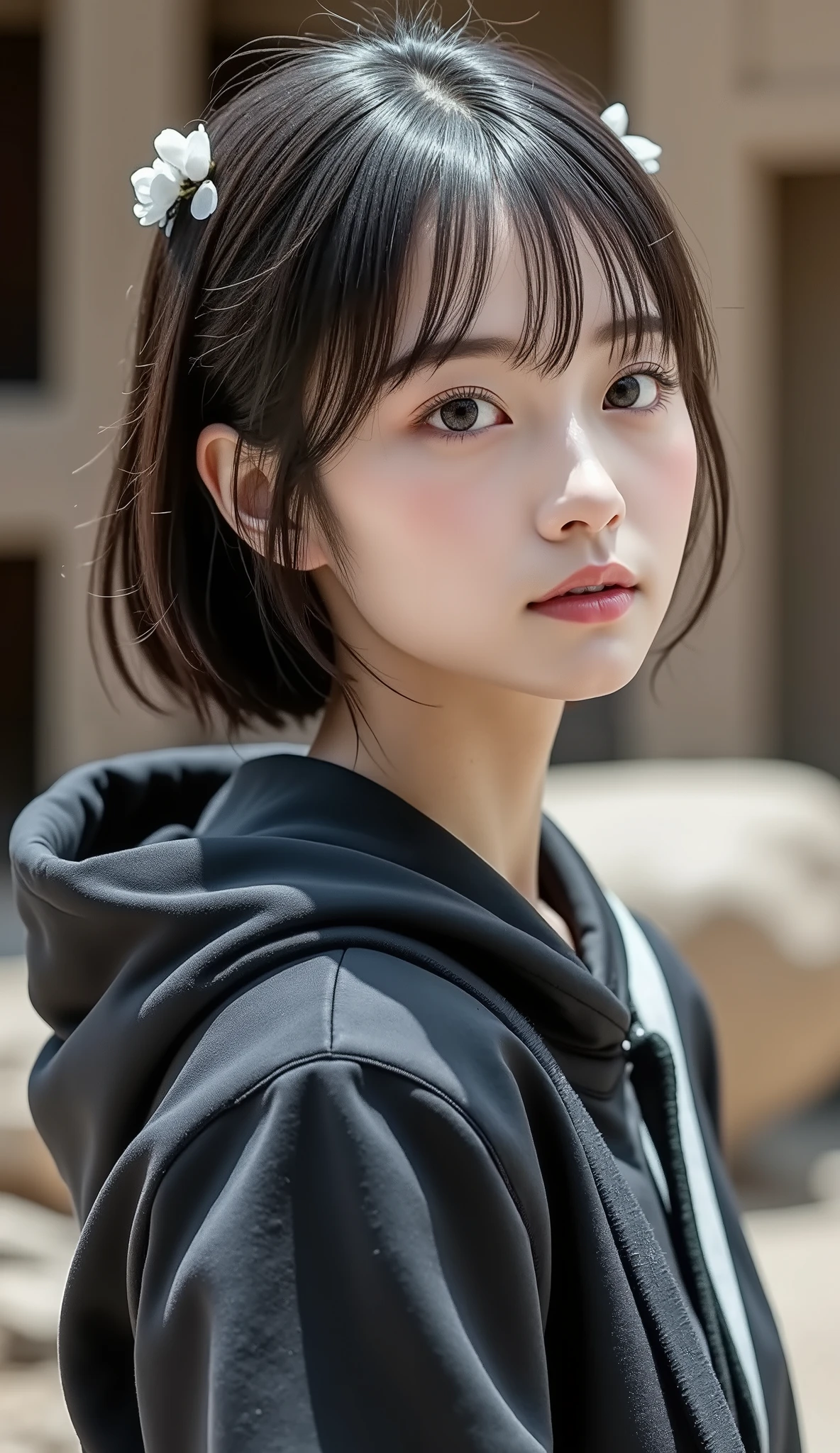 8k, ultra high resolution , top quality, masterpiece,rule of thirds,golden ratio, surreal, photos, one woman,( girl:1.3), cute, cute顔, Beautiful Eyes in Every Detail , 細かく Details, mature woman, princess,FULL BODY,smile, black hair, short hair,Long layers,ID photo,future, Brutal Cyberpunk Woman , luxurious and beautiful ,(( overalls)), (( oversized hoodie )), very delicate expression , delicate eye description,, Healthy body shape, (( 1 female)), Height: 160cm, (( thin thighs)) ,( thin waist:1.4)、( Beautiful :1.4), pink lips, profile,((( ideal body shape))),Small bust, A cup :2,、 portrait:2、 perfect anatomy 、鮮明な Details、 Details, thin lips,Perfect and beautiful face ,完璧で cute顔, Meticulous Skin , Perfect Limbs 、 thin waist, surreal,Light and Dark, fashion magazine cover,glowing