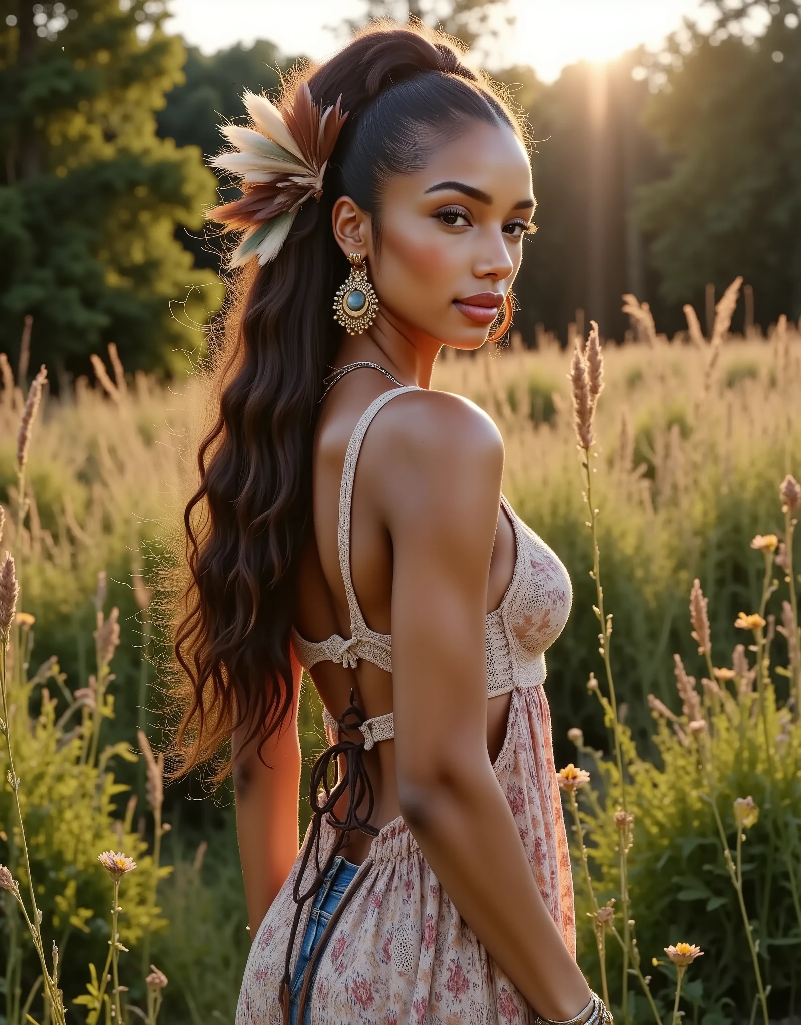 Amaka Enem, A bohemian woman standing gracefully in a sunlit meadow, wearing a flowy, patterned dress with lace details and a leather belt. Her long, wavy hair is adorned with natural ornaments like feathers and flowers, complementing her layered textures of jewelry, including bangles, necklaces, and dangling earrings. The scene is bathed in earthy tones, with soft sunset filtering through the trees and highlighting her serene, dreamy expression. In the background, a mix of wildflowers and tall grass sways gently in the breeze, adding to the whimsical and natural atmosphere, side profile