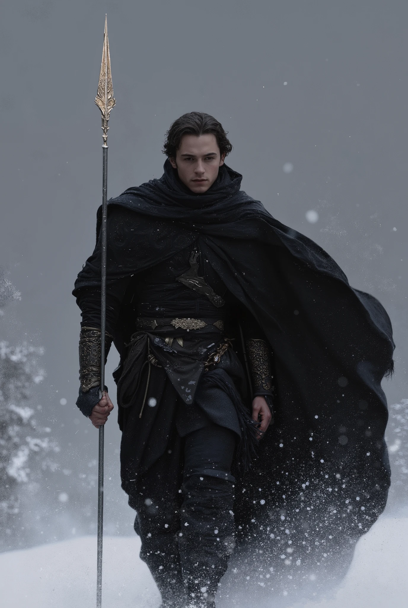 Young handsome hunk man, Black hair, Wearing black medieval European clothing, Walking in the falling snow, A white spear is in the left hand.,