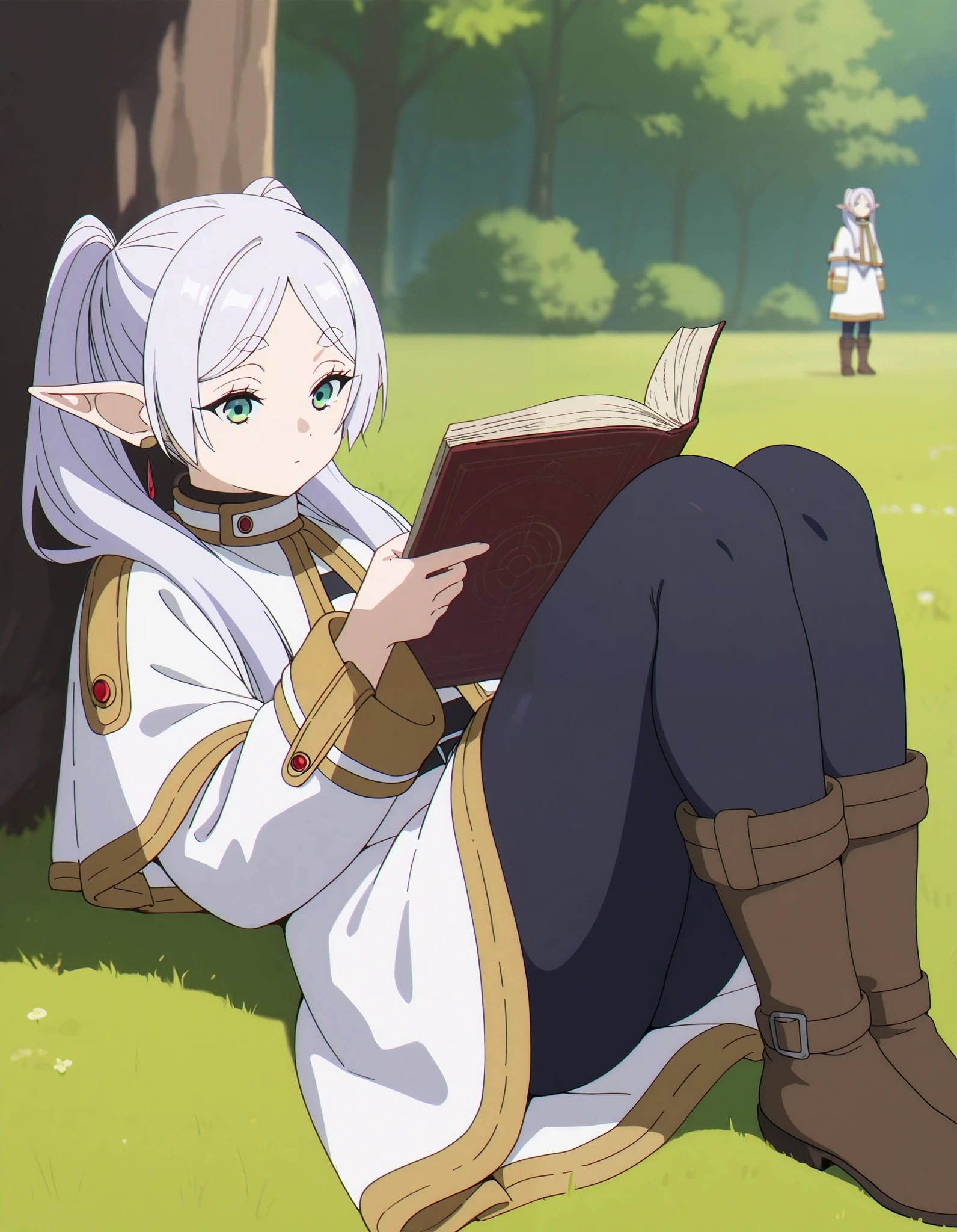 score_9, score_8_up, score_7_up, score_6_up, score_5_up, score_4_up, frieren, pointy ears, twintails, elf, long hair, green eyes, parted bangs, white hair,
white capelet, short white dress, pantyhose, striped shirt, brown boots, thick thighs
Lying, knees up, reading book
outdoors, tree,, masterpiece, best quality