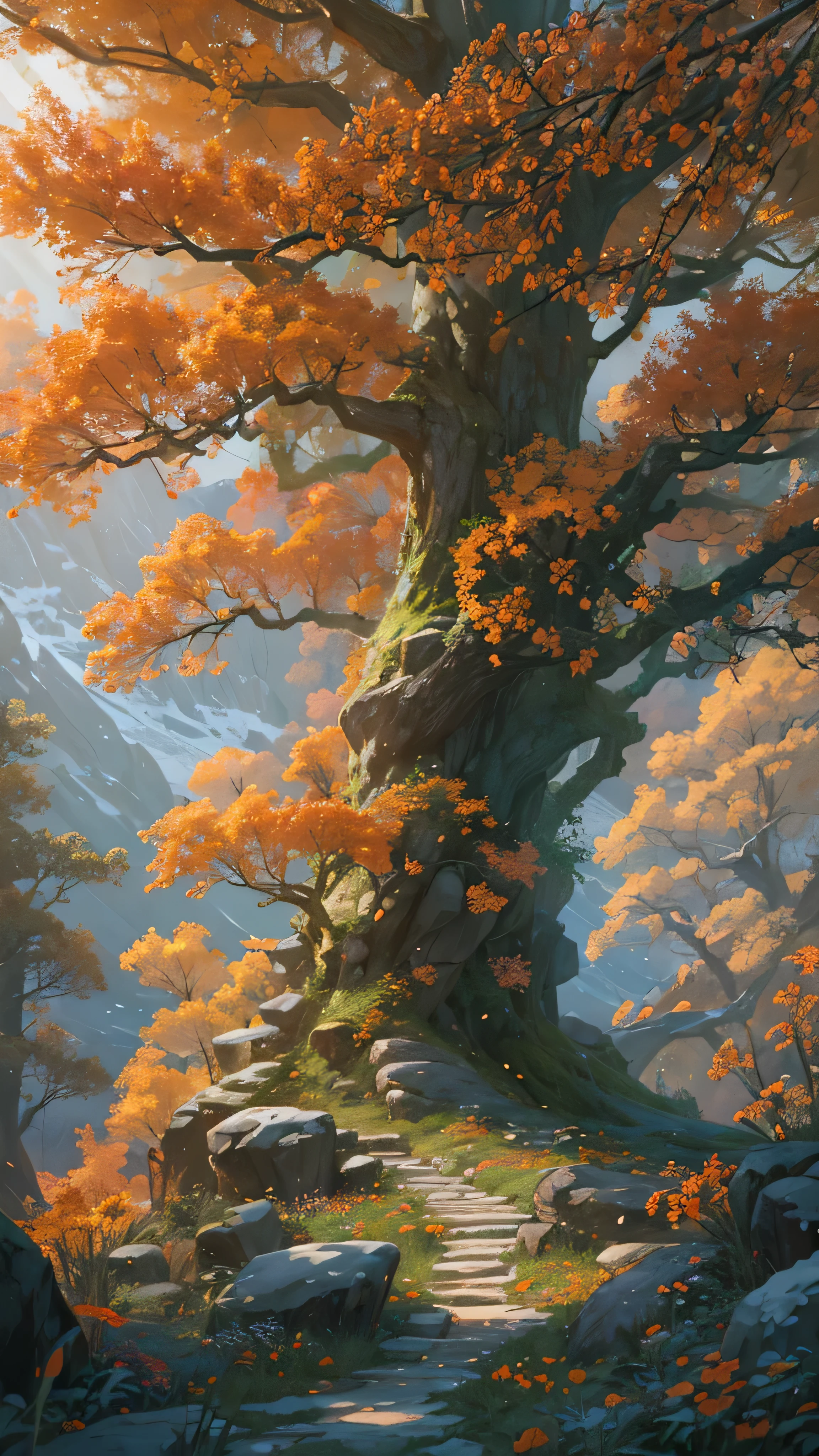 Painting of a tree with a path in the middle of it - SeaArt AI