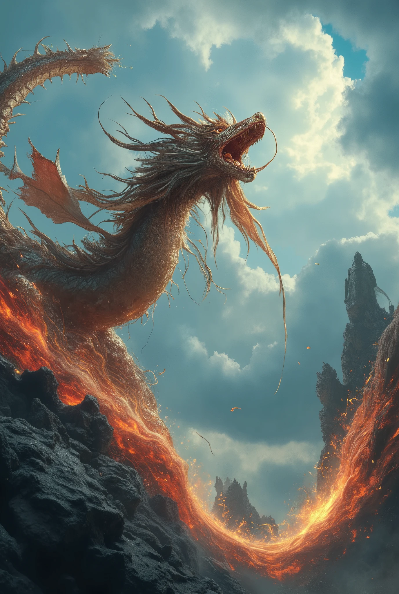 Qinglong，mighty，Shock。Qinglong rises into the air，his voice like Qinglong chanting，Loud and powerful，each word carrying a shocking power，His eyes are deep and majestic，like Qinglong gazing into the abyss，Revealing an unfathomable strength and determination。