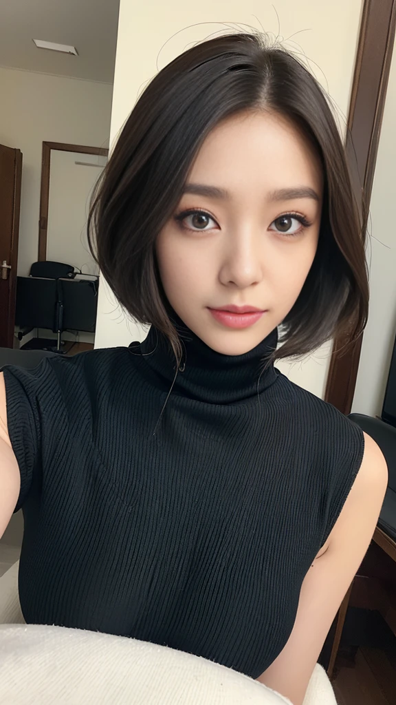 (top-quality、​masterpiece、超A high resolution、Photorealsitic、lighting like a movie:1.3)、japanese beautiful woman、((beautifull detailed face、二重まぶた、long lashes、bob cuts))、(Thick black sleeveless sweater with turtleneck、livingroom、Luxury leather sofa:1.2)、(ultra gigantic tits:1.4)、a smile