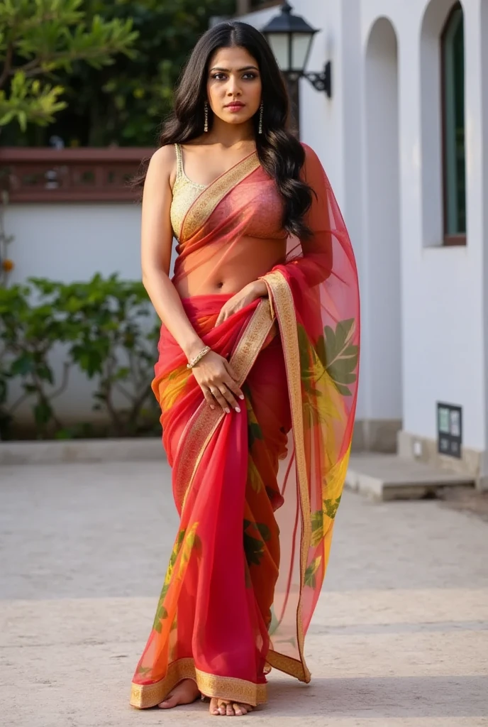 Sonam kapoor in a red sari, ,RAW photo, a close up portrait photo of a pretty girl, smiling,red sari, (lust), slim body, (forest background), (high detailed skin:1.2), 8k uhd, dslr, soft lighting, high quality, film grain, Fujifilm XT3, holding a, nsfw