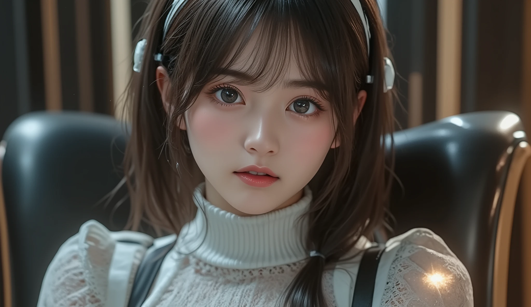 8k, ultra high resolution , top quality, masterpiece,rule of thirds,golden ratio, surreal, photos, one woman,( girl:1.3), cute, cute顔, Beautiful Eyes in Every Detail , 細かく Details, mature woman, princess,full body,smile, black hair,Long layers,ID photo,future, Brutal Cyberpunk Woman , luxurious and beautiful ,(( summer knit )), (( micro mini)), ((Knee-high socks)),Short sleeve, very delicate expression , delicate eye description,, Healthy body shape, (( 1 female)), Height: 160cm, (( thin thighs)) ,( thin waist:1.4)、( Beautiful :1.4), pink lips, profile,((( ideal body shape))),Small bust, A cup :2,、 portrait:2、 perfect anatomy 、鮮明な Details、 Details, thin lips,Perfect and beautiful face ,完璧で cute顔, Meticulous Skin , Perfect Limbs 、 thin waist, surreal,Light and Dark, fashion magazine cover,glowing
