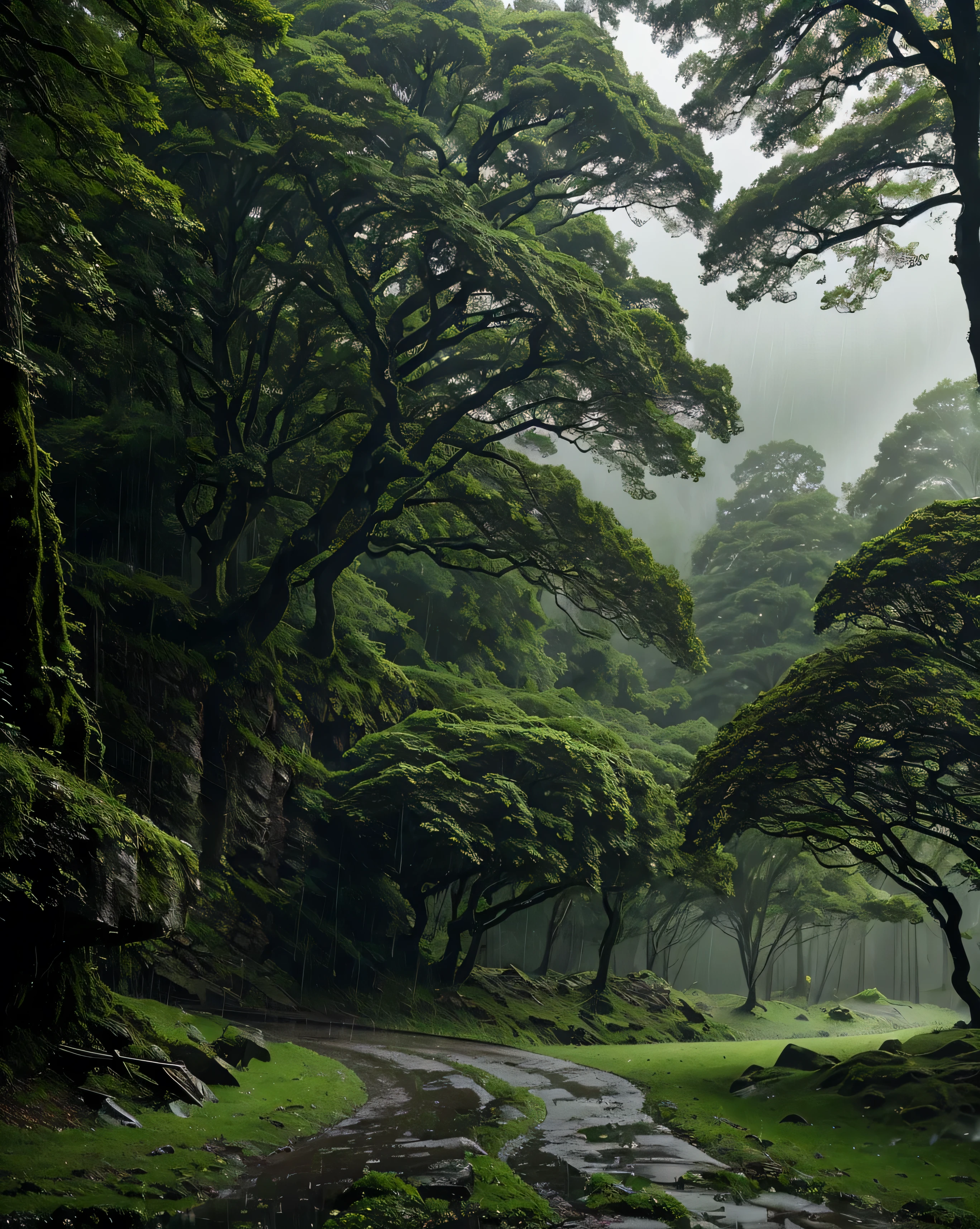 The towering shady trees , The leaves rustle softly in the rainstorm . The wet path seems faint among the grasses and mossy boulders . The air is filled with the scent of rain and wet foliage , gives a sense of calm and freshness . Thin mist drifts between the tree trunks , while mountains in the distance form a silhouette faint clouds that disappear behind low clouds