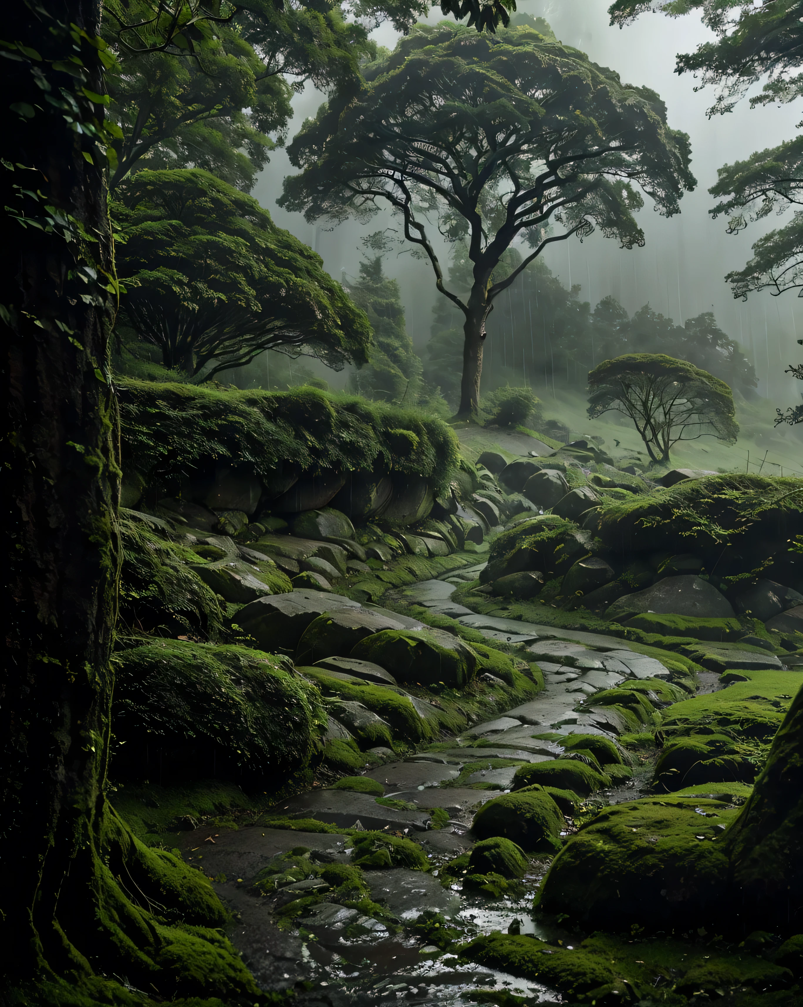 The towering shady trees , The leaves rustle softly in the rainstorm . The wet path seems faint among the grasses and mossy boulders . The air is filled with the scent of rain and wet foliage , gives a sense of calm and freshness . Thin mist drifts between the tree trunks , while mountains in the distance form a silhouette faint clouds that disappear behind low clouds
