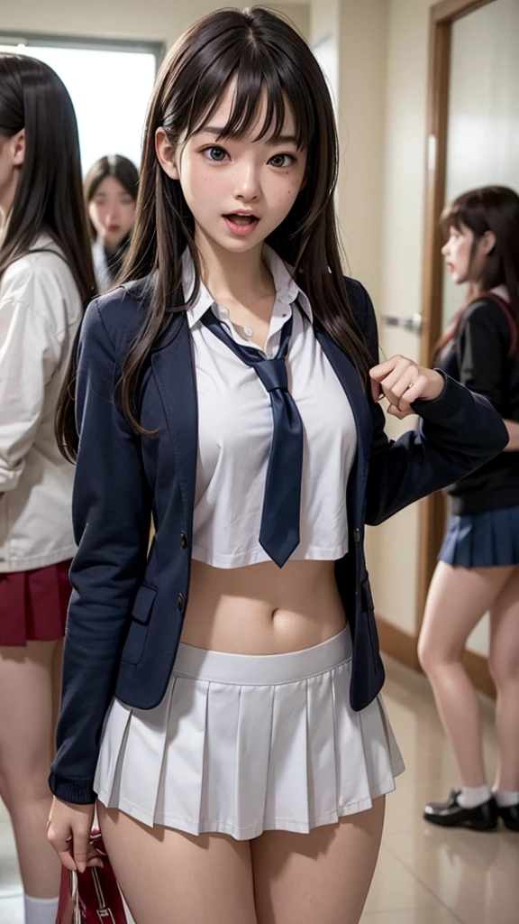 Twin-tailed, masutepiece, Best Quality, 10 girls in the classroom,(10 people standing:1.2),Standing,age, Looking at Viewer,l Group shot, harems,nffsw,Retro underwear,  (pantiy),Realistic,School uniform,(Dark blue blazer and white shirt) ,(Dark blue pleated skirt),Blue Ribbon ,(Looking back, ass grab:0.9),(Beautiful eyes:1.3),frombelow,From below,Kinney,(skinny:1.2) ,thick-eyed thighs, Long body, novel illustration,(Smelly eyes:0.5),closed curtains,(shirts lift,lifted by self:1.5) ,Dark Persona.Skirt lift front,(Panties:1.3),