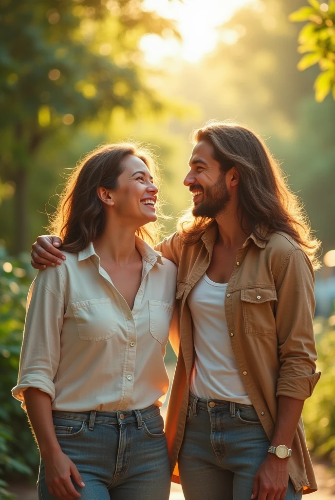 Two agers laughing in a park chatting, wearing jeans that perfectly match with a white t-shirt. Hyperrealistic image with a lens aperture of 1.4 at a focal length of 35 mm