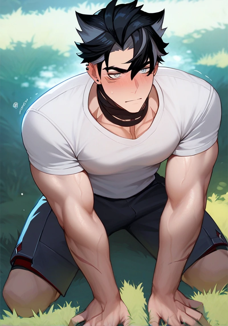Man with huge cock, long black shirt, muscular, long black hair, cat ears on the head

