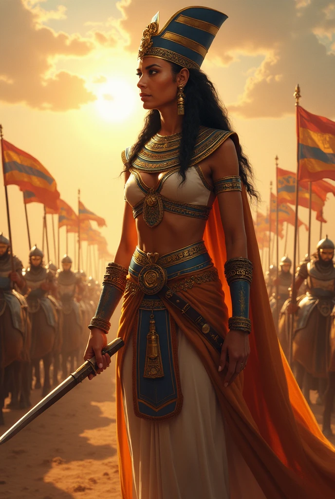 a beautiful iranian woman riding a lion. the woman's long black hair flows over her shoulders. her eyes are pierering and her look is full of courage. around her head is halo of light on wich is written: woman, life, freedom.
her Clothes are weith and blou and yelow colorful and the character of a determined and fearless woman.
she looking directly at the polices are standing against her.